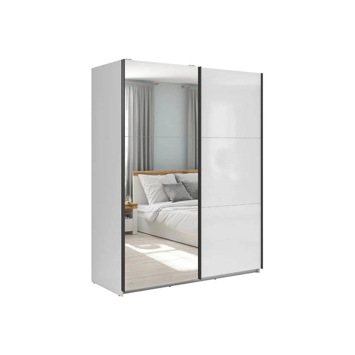 Dulap cu doua usi si oglinda TETRIX, alb lucios, PAL, cu 2 usi si oglinda, 154x60x196 cm
