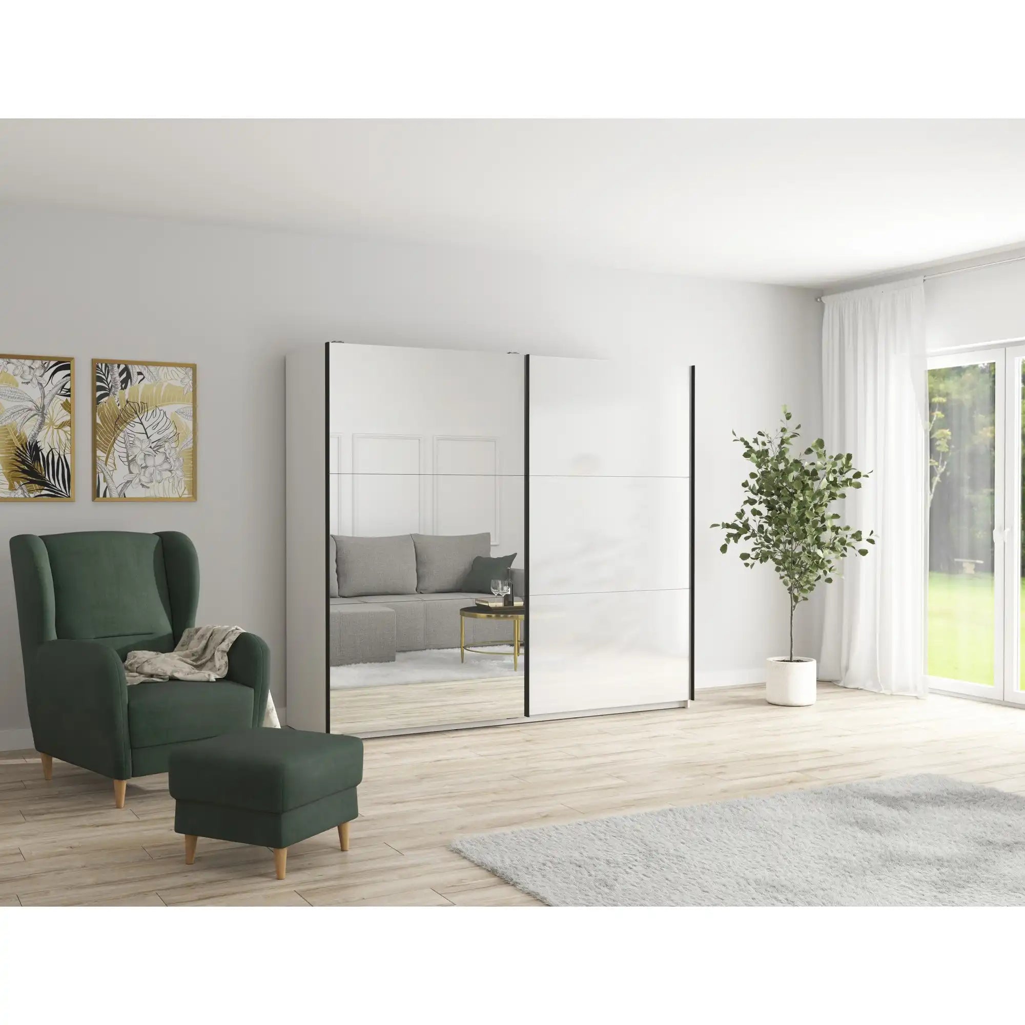 Dulap TETRIX, alb lucios, PAL, cu 2 usi si oglinda, 183x60x196 cm