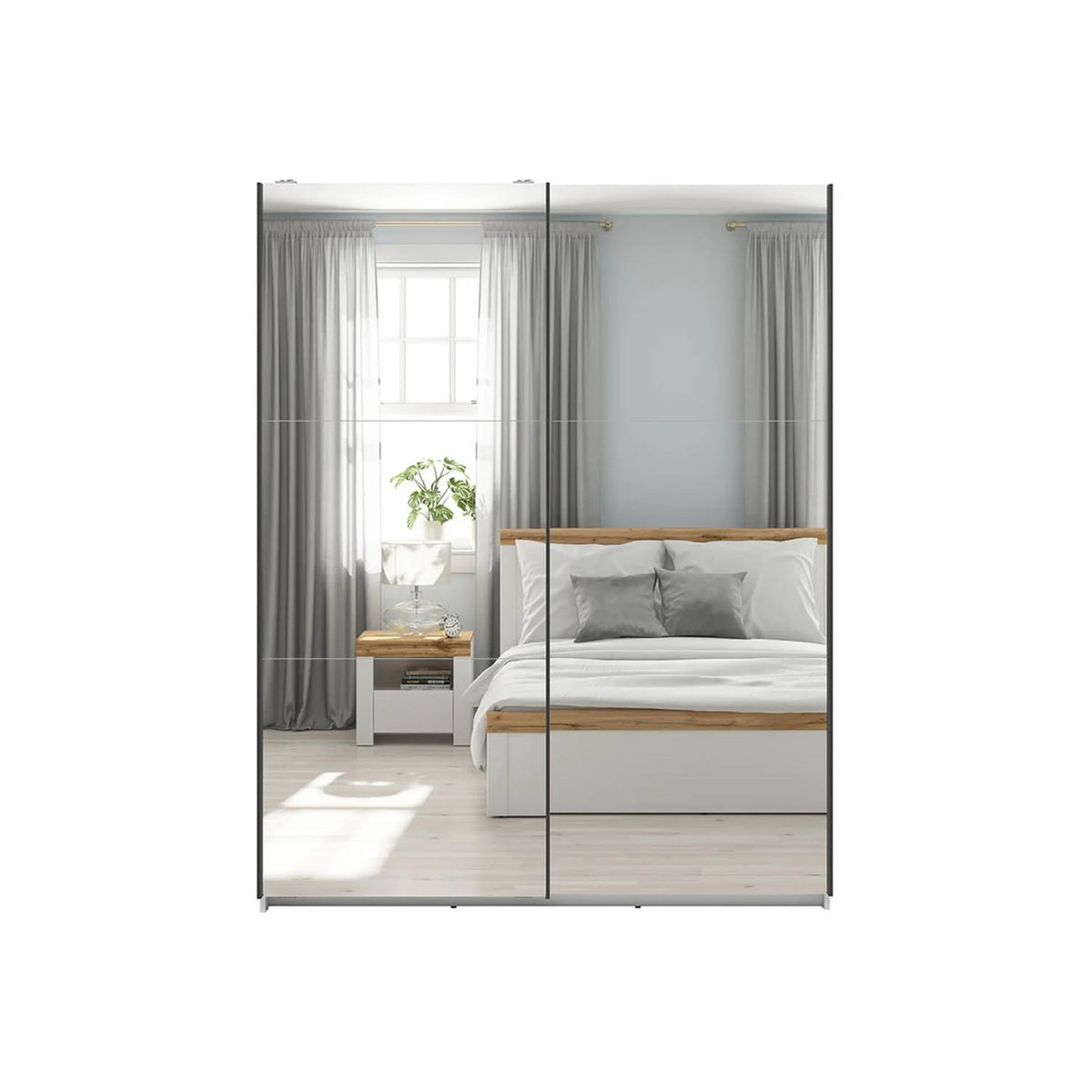 Dulap de haine cu usi culisante TETRIX, alb lucios, PAL, cu 2 usi si oglinzi, 154x60x196 cm