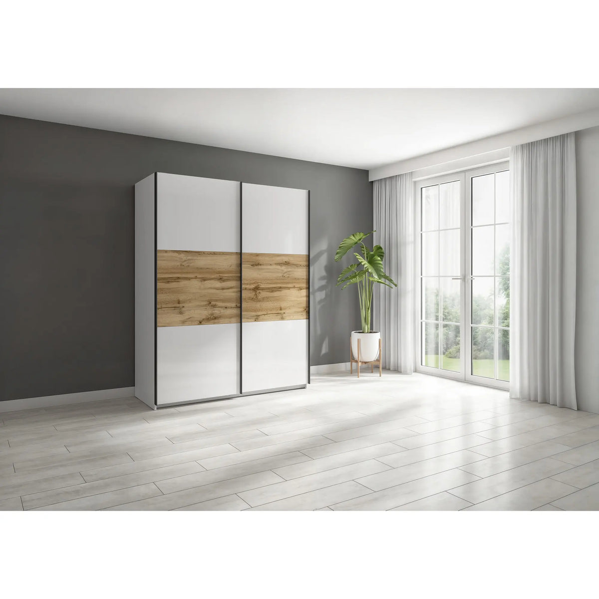 Dulap TETRIX, alb lucios/stejar wotan, PAL, cu 2 usi, 154x60x196 cm