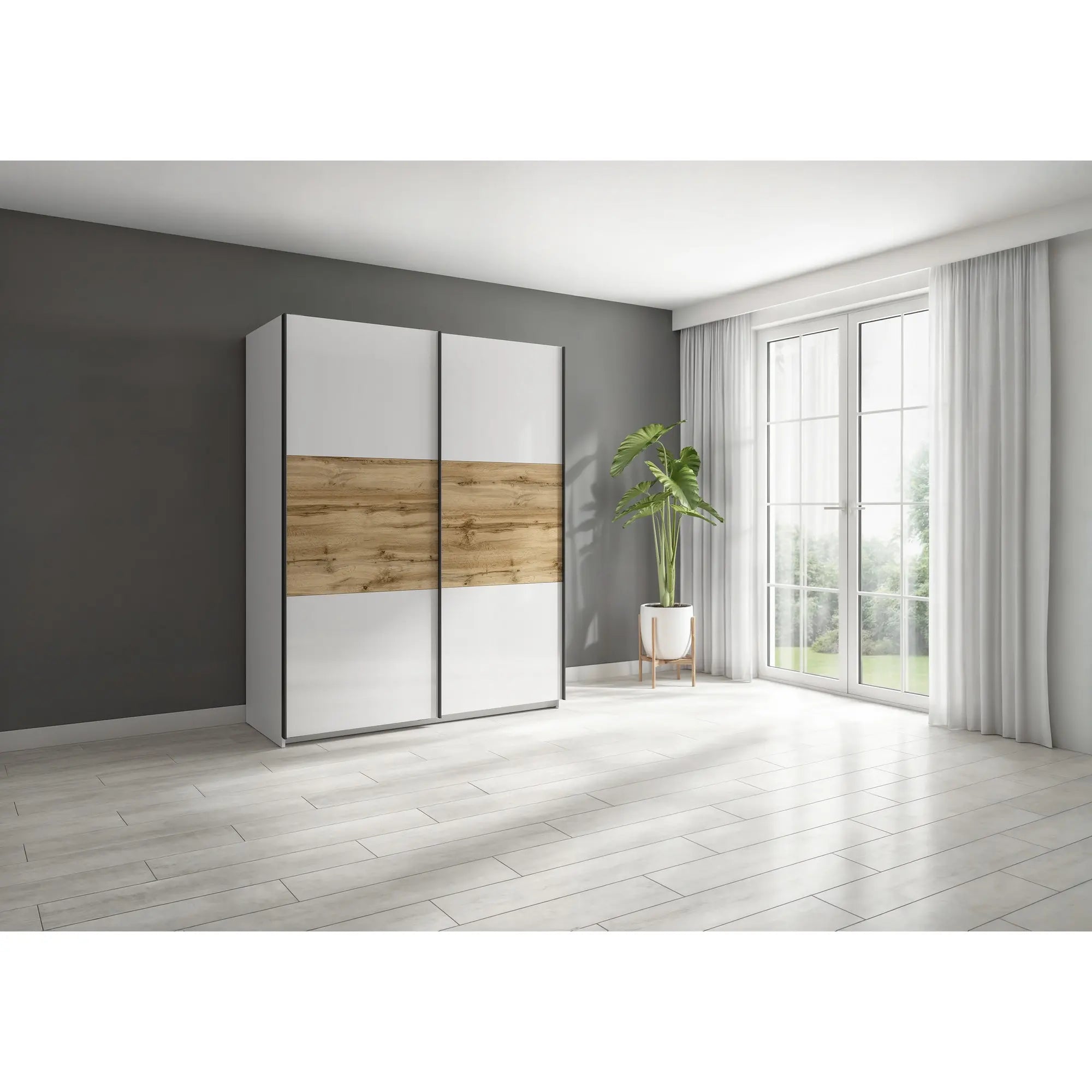 Dulap TETRIX, alb lucios/stejar wotan, PAL, cu 2 usi, 154x60x196 cm