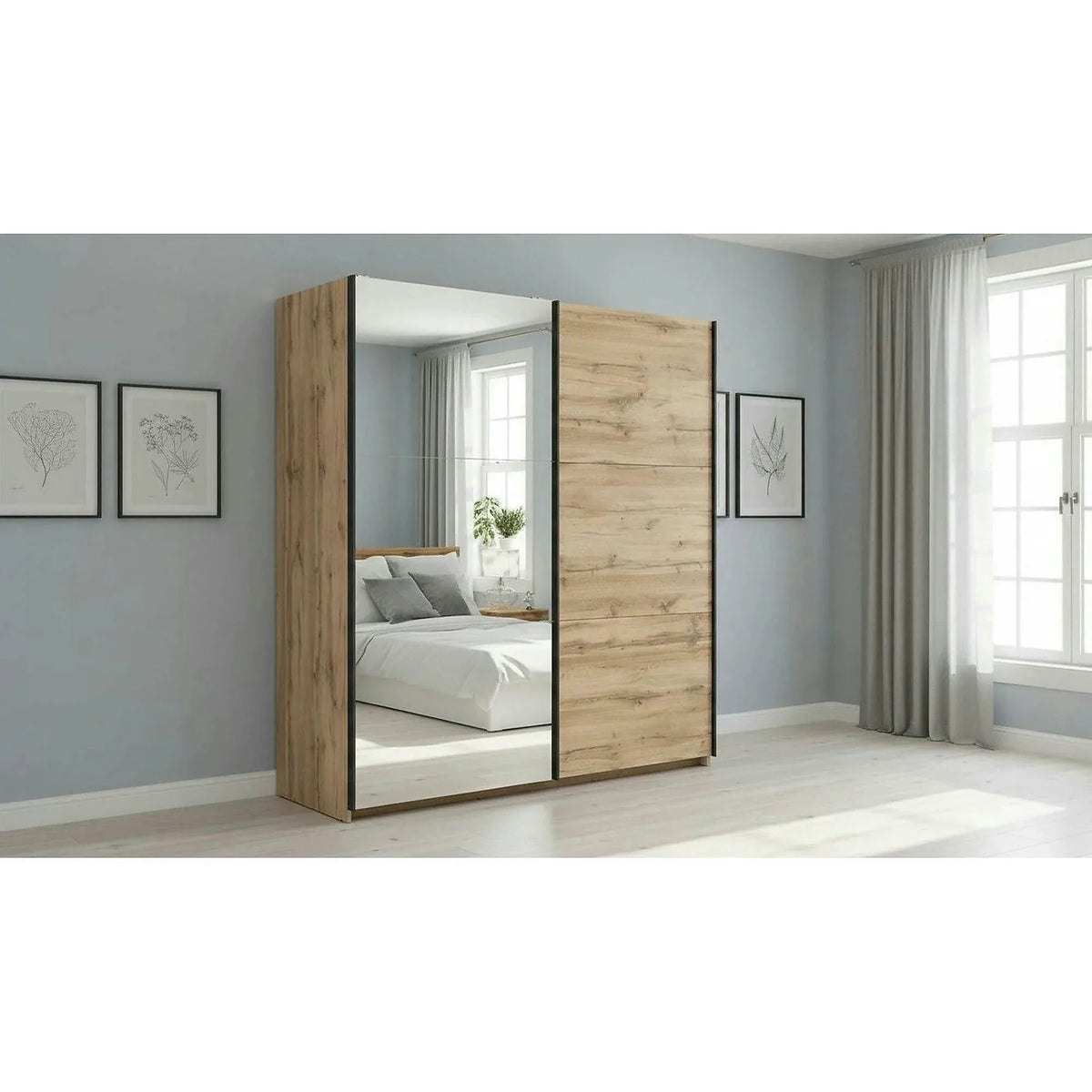 Dulap TETRIX, stejar wotan, PAL, cu 2 usi si oglinda, 183x60x196 cm