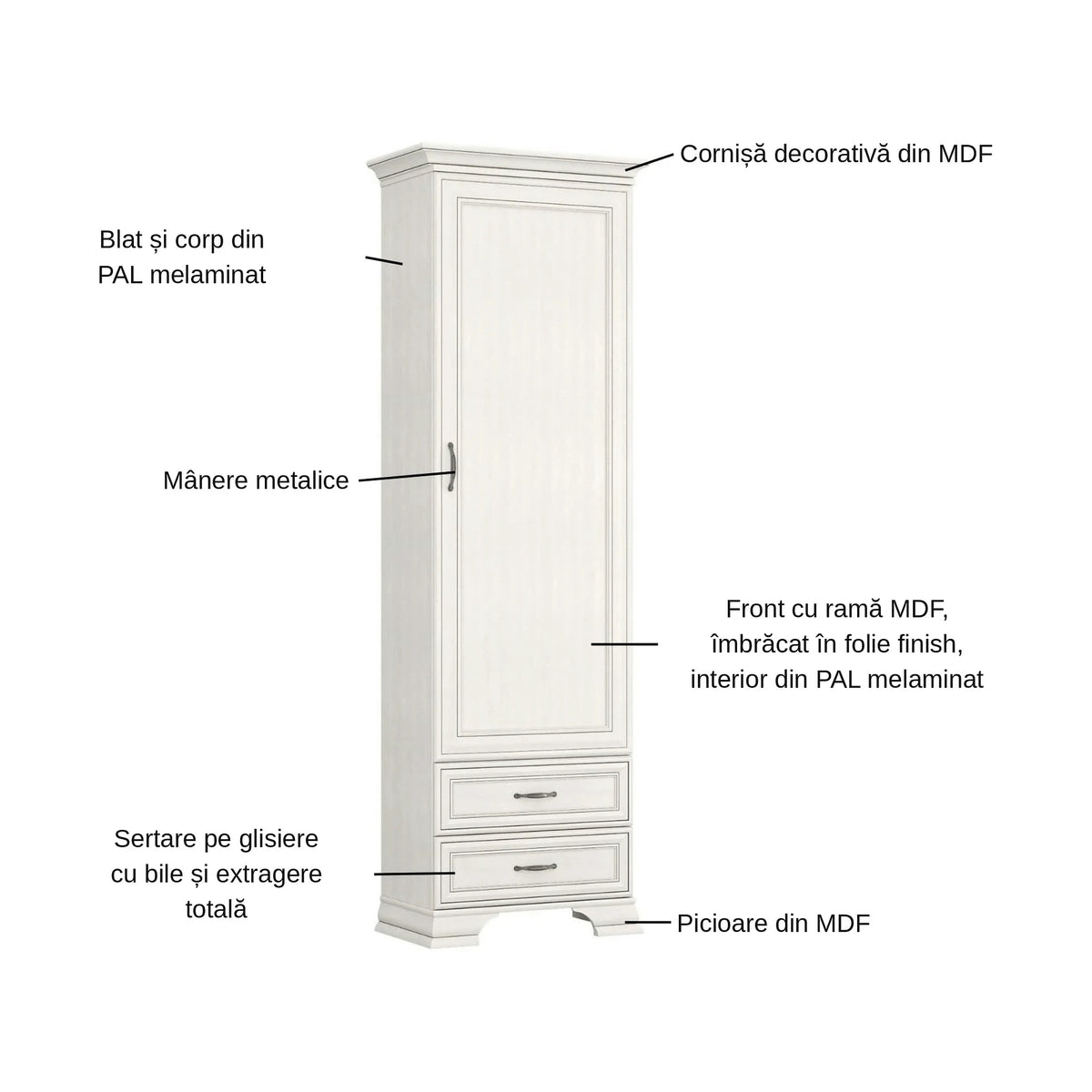 Dulap TIFFANY II, grej, PAL laminat, cu o usa si 2 sertare, 69x40x212 cm