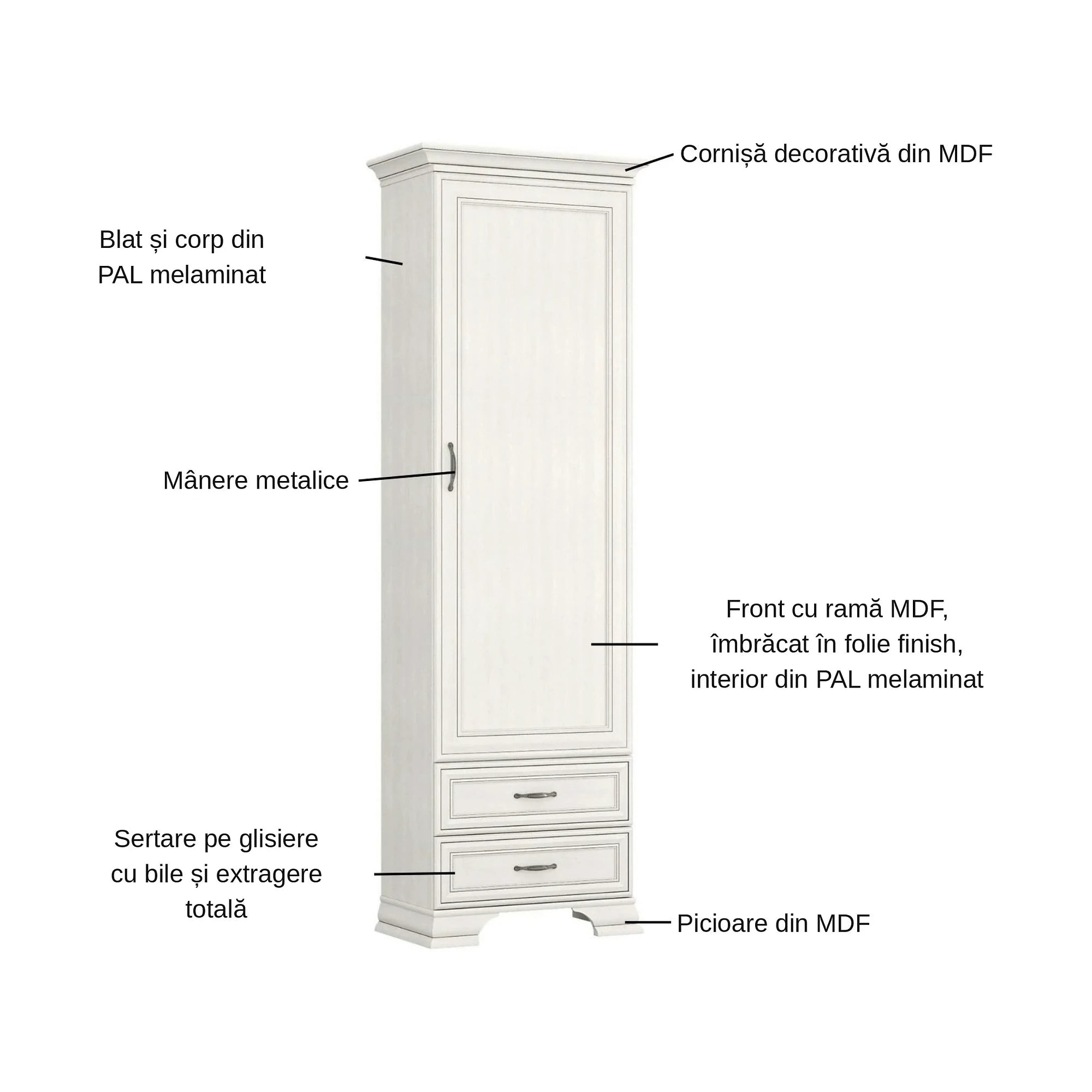 Dulap TIFFANY II, grej, PAL laminat, cu o usa si 2 sertare, 69x40x212 cm