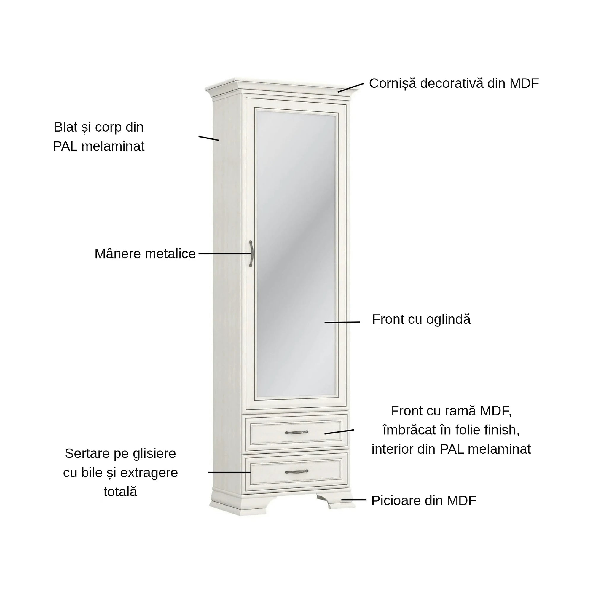 Dulap TIFFANY II, grej, PAL laminat, cu o usa si 2 sertare, cu oglinda, 69x40x212 cm