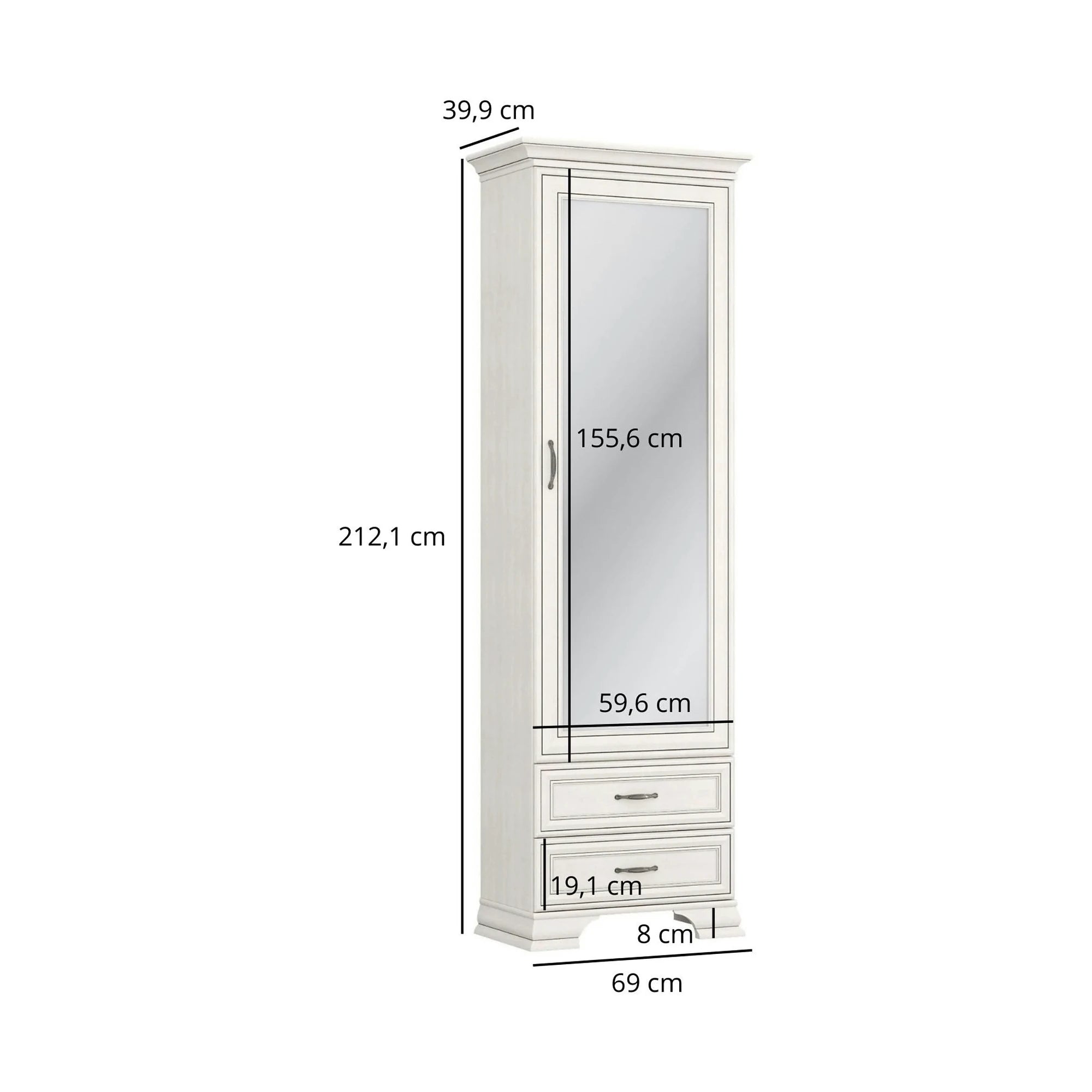 Dulap TIFFANY II, grej, PAL laminat, cu o usa si 2 sertare, cu oglinda, 69x40x212 cm