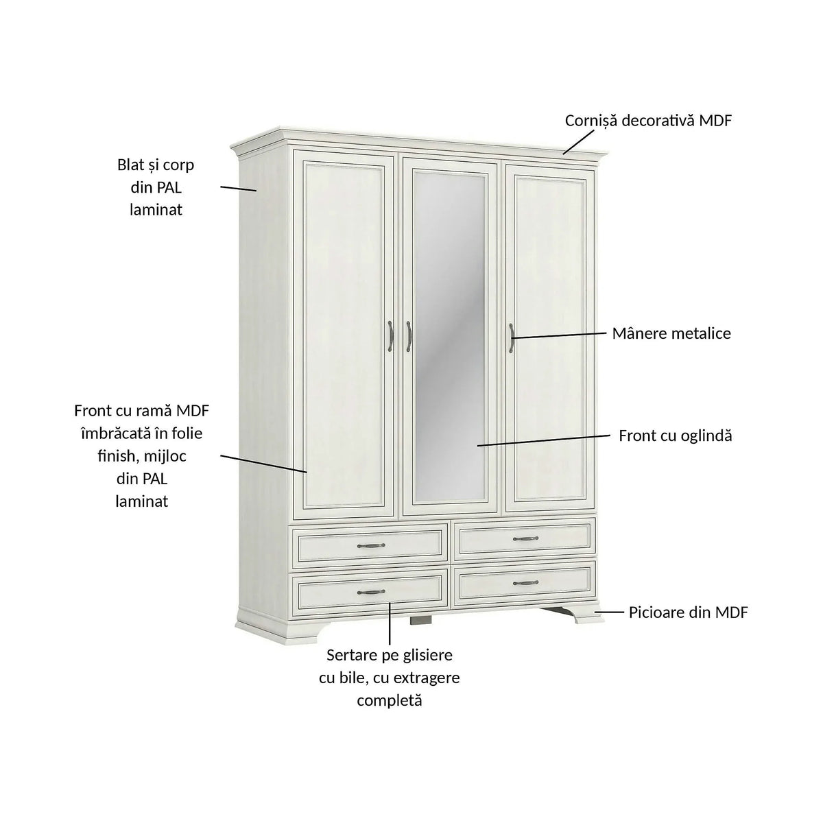 Dulap TIFFANY II, grej, PAL laminat, cu 3 usi si 4 sertare, 159x63x212 cm