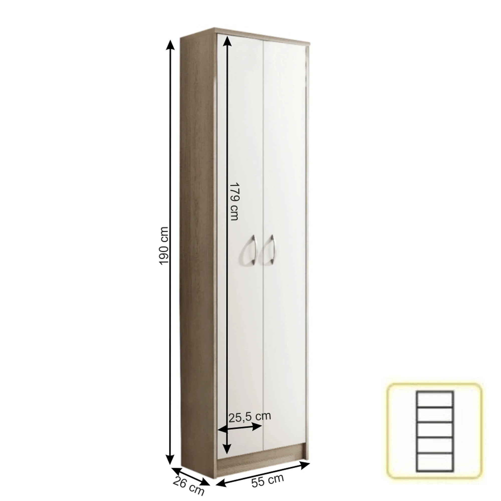 Dulap VIRA-MECKI, stejar sonoma/alb, DTD laminat, cu 2 usi, 55x26x190 cm