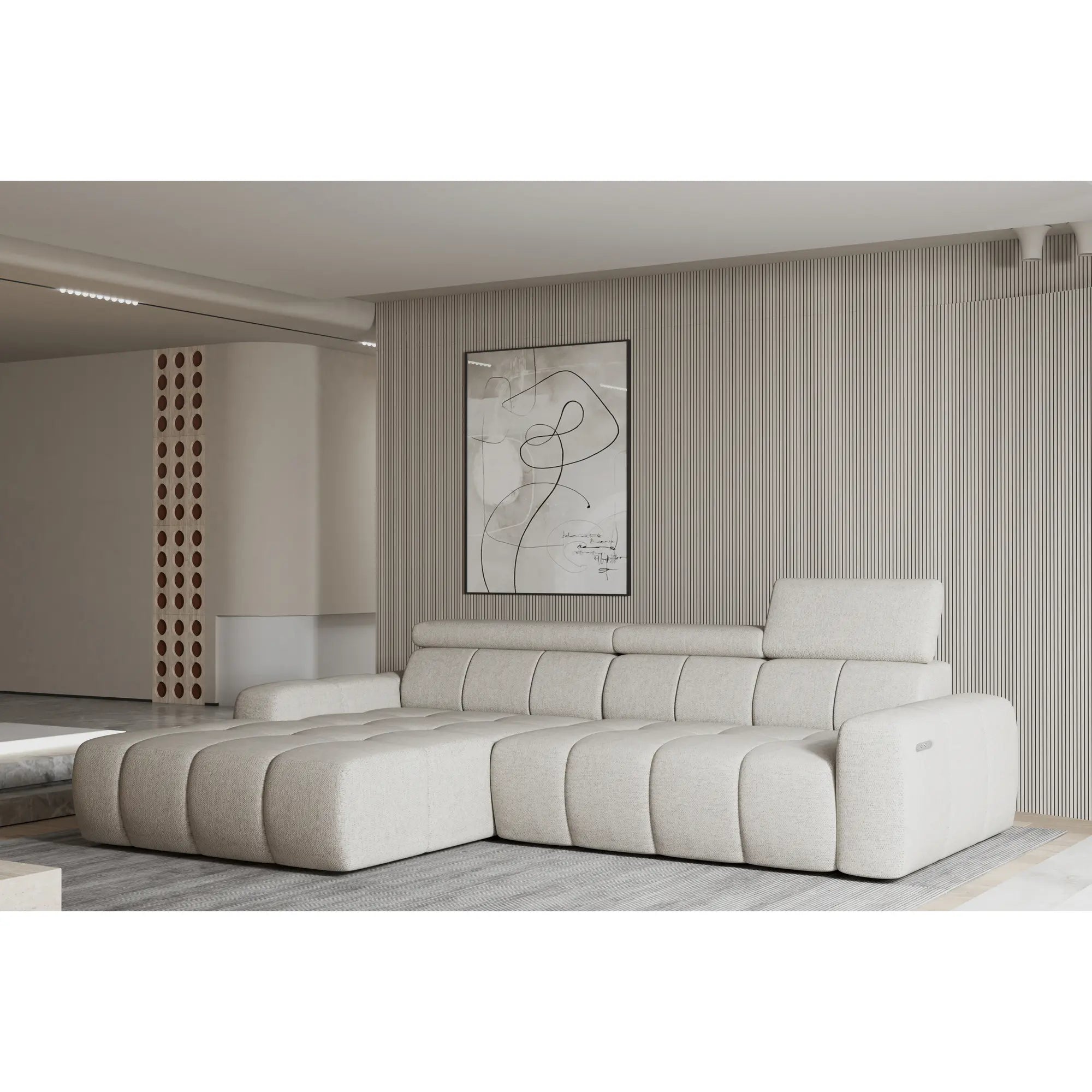 Coltar ENZO S, personalizabil materiale gama Oferta Avantaj, cu lada depozitare si reglaj electric, 282x177x107 cm