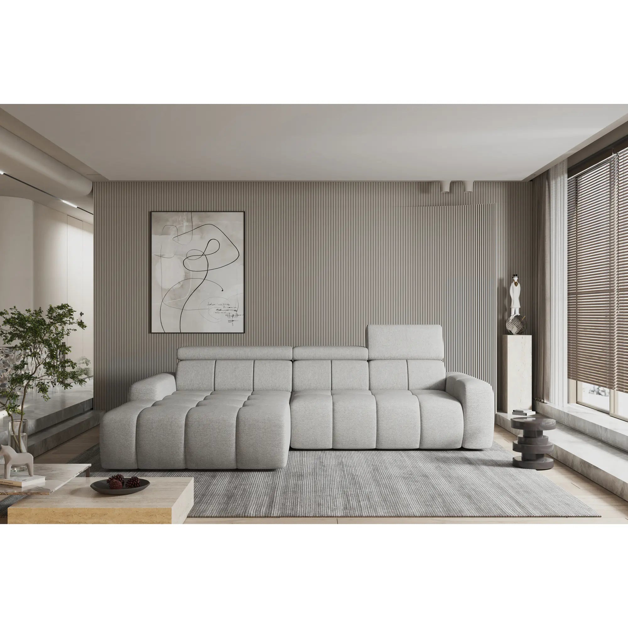 Coltar ENZO S, personalizabil materiale Gama Premium, cu lada depozitare si reglaj electric, 282x177x107 cm
