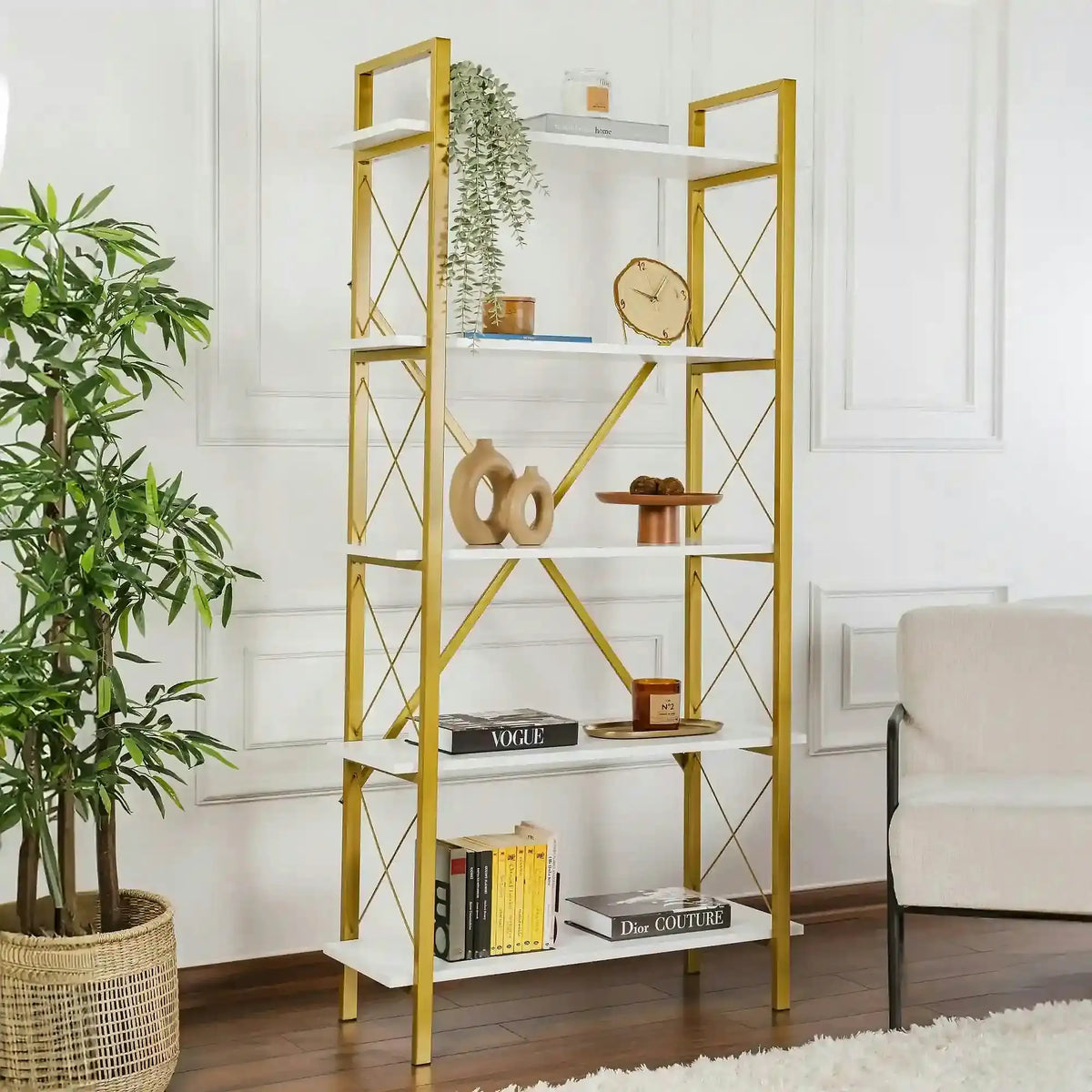 Etajera ELYSIAN, alb/auriu, PAL/metal, 90x34x180 cm