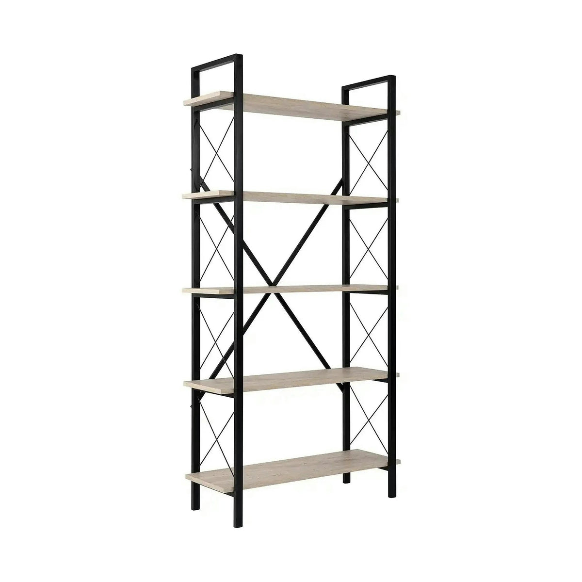 Etajera ELYSIAN, bej cu efect de piatra travertin/negru, PAL/metal, 90x34x180 cm