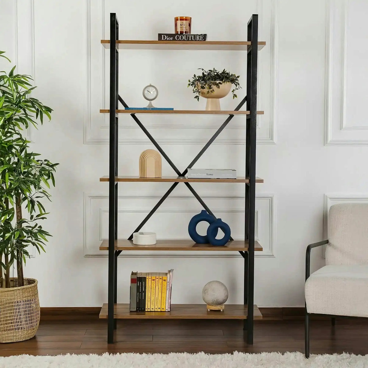 Etajera ELYSIAN, nuc/negru, PAL/metal, 90x34x180 cm