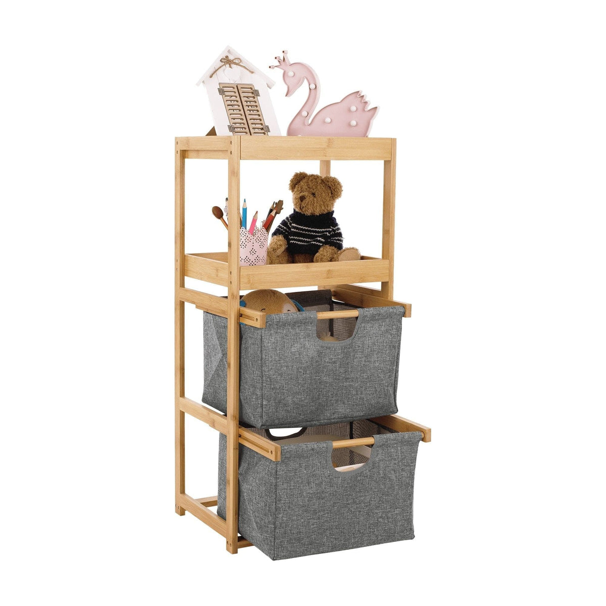 Etajera KELANA, gri, bambus natural lacuit, 40x30x88 cm