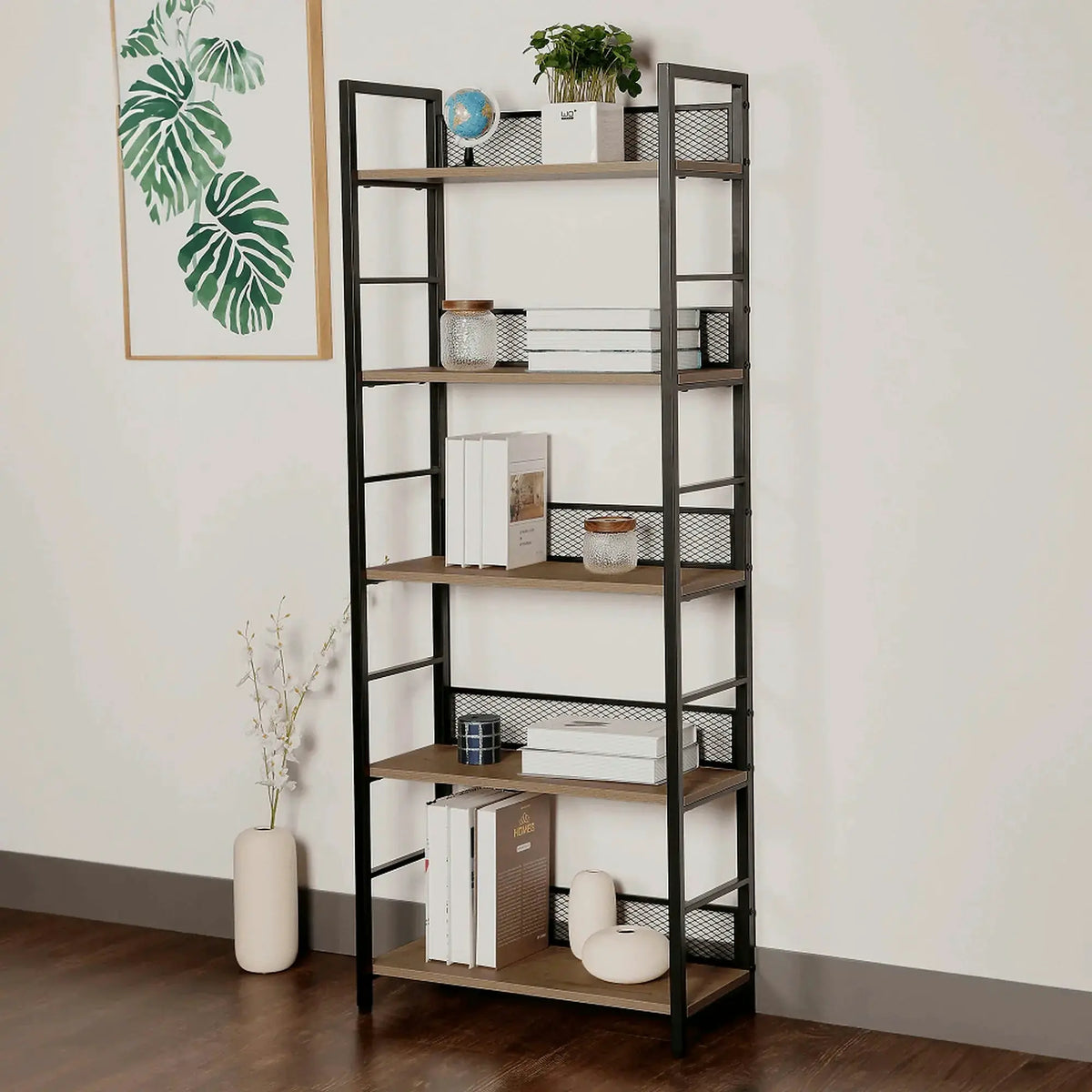 Etajera KELER TIP 2, negru/stejar, metal/DTD laminat, 60x28x154 cm