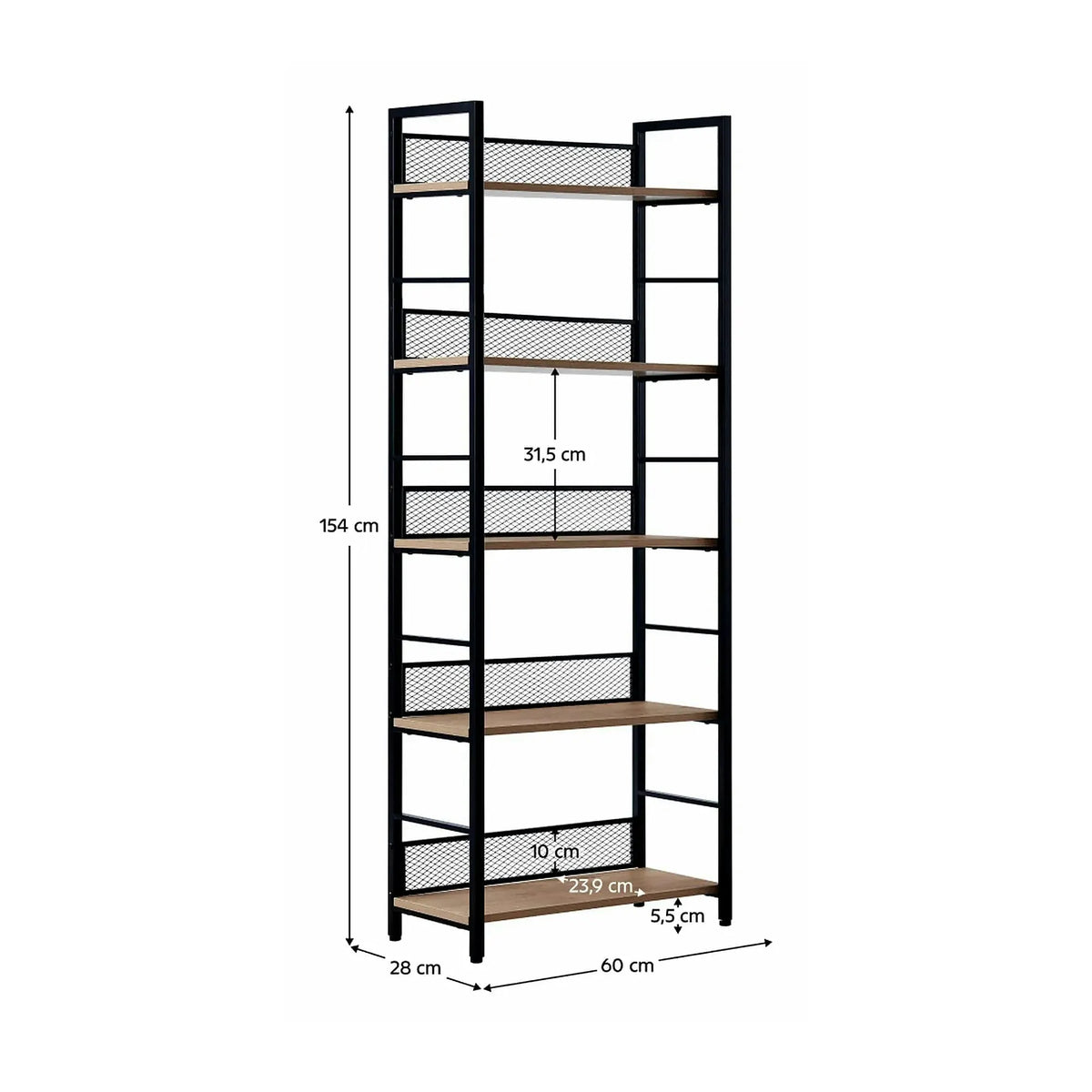 Etajera KELER TIP 2, negru/stejar, metal/DTD laminat, 60x28x154 cm