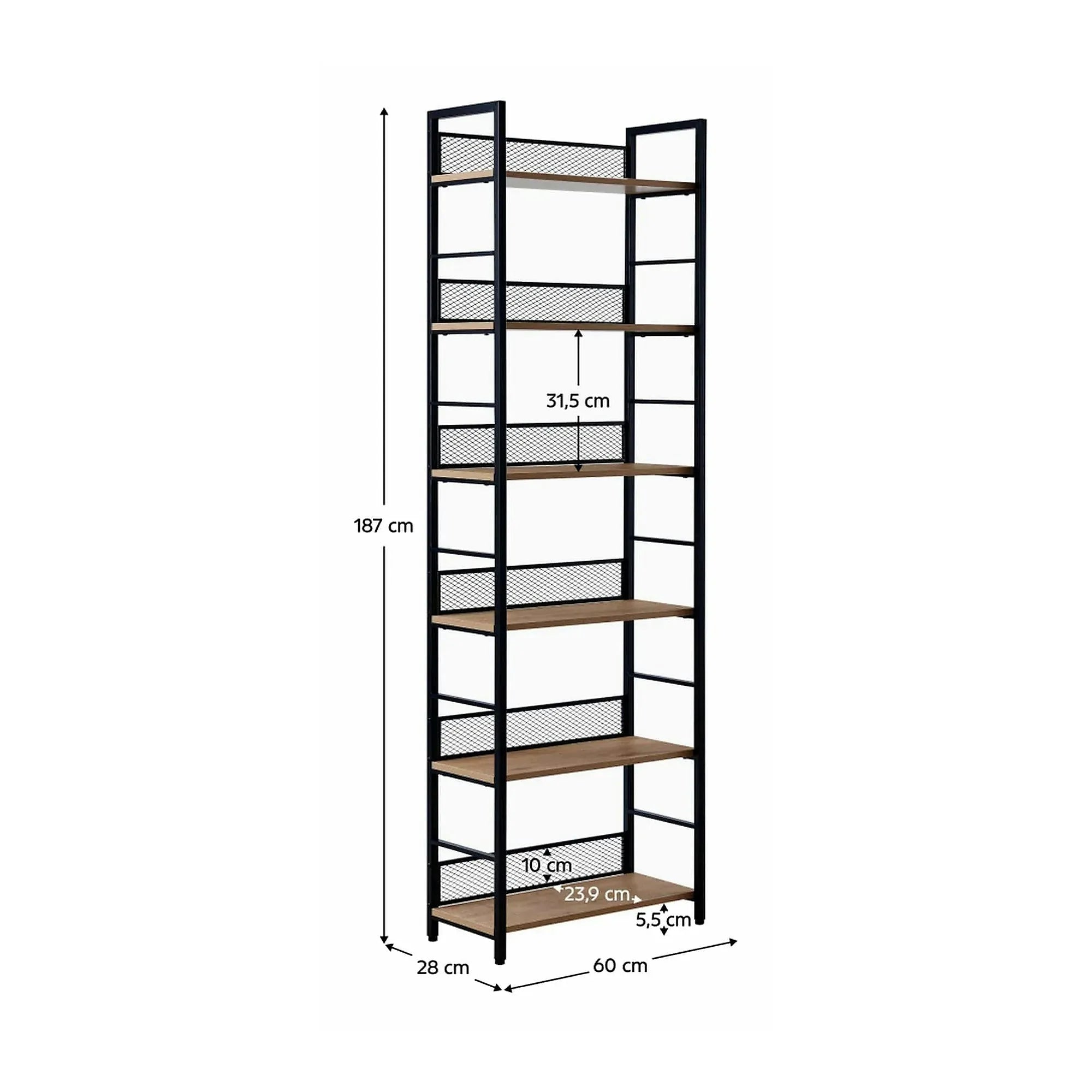 Etajera KELER TIP 3, negru/stejar, metal/DTD laminat, 60x28x187 cm