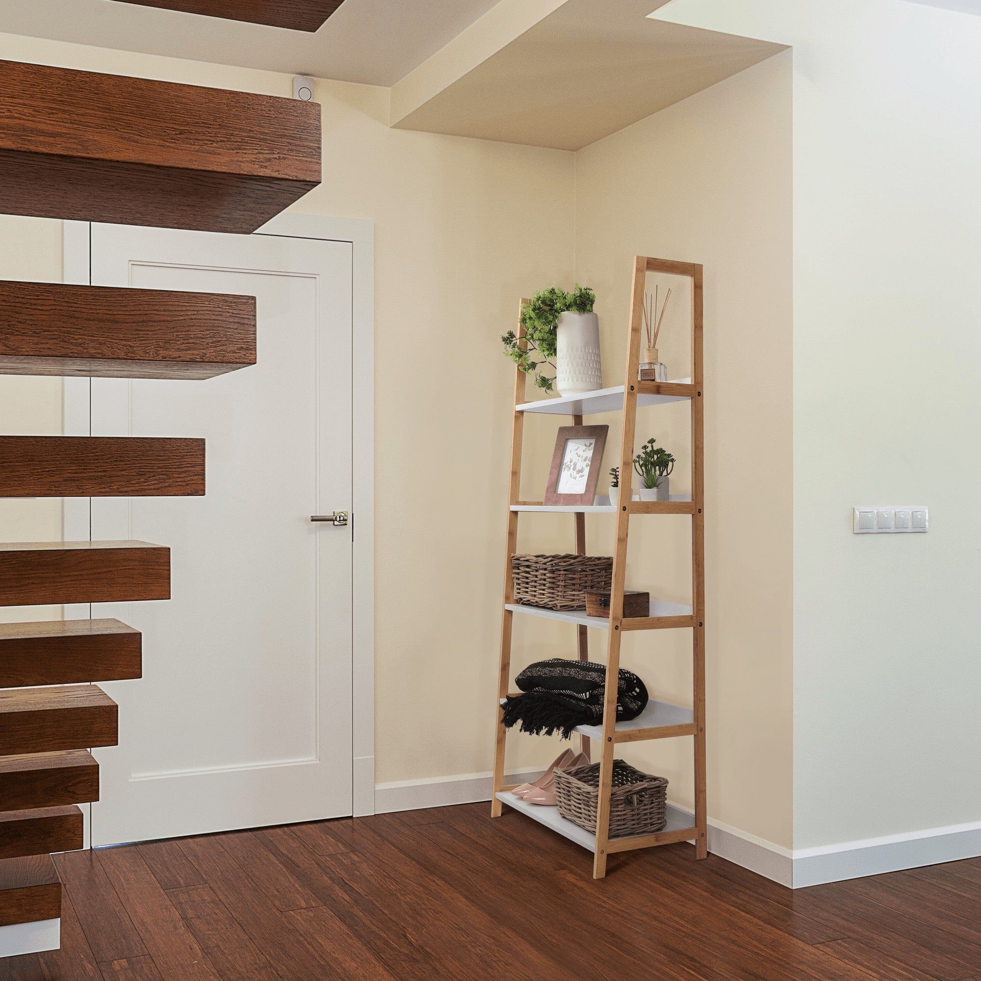 Etajera KOEN TYP 3, alb/bambus natural, 63x36x149 cm