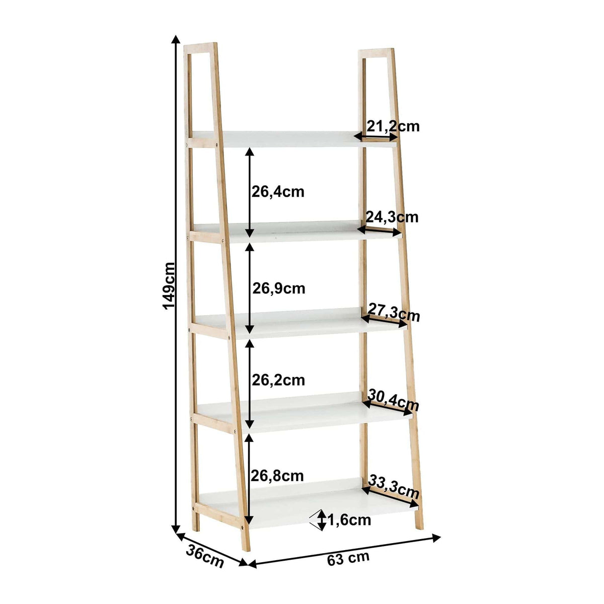 Etajera KOEN TYP 3, alb/bambus natural, 63x36x149 cm
