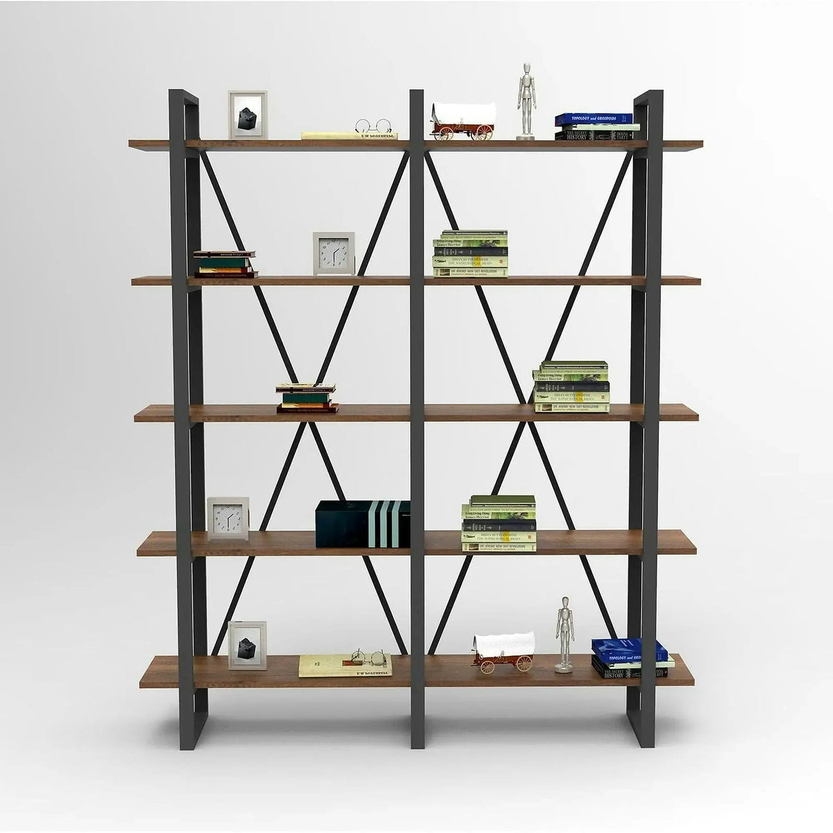 Etajera MN05-BA, nuc/negru, PAL melaminat, 154x34x180 cm