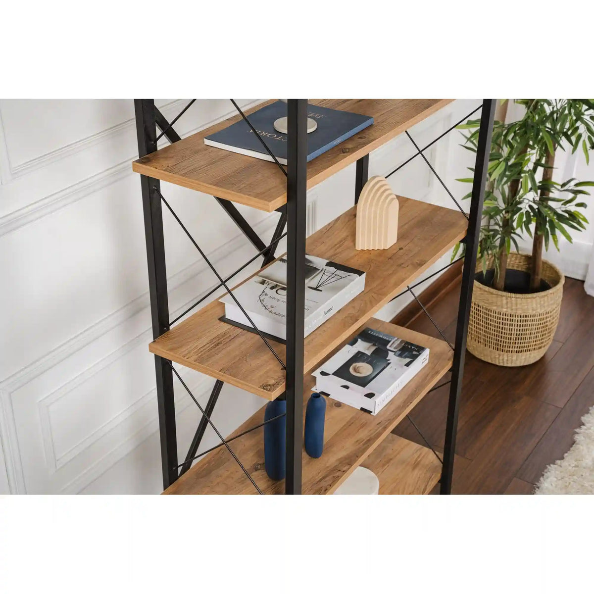 Etajera ELYSIAN, pin/negru, PAL/metal, 90x34x180 cm