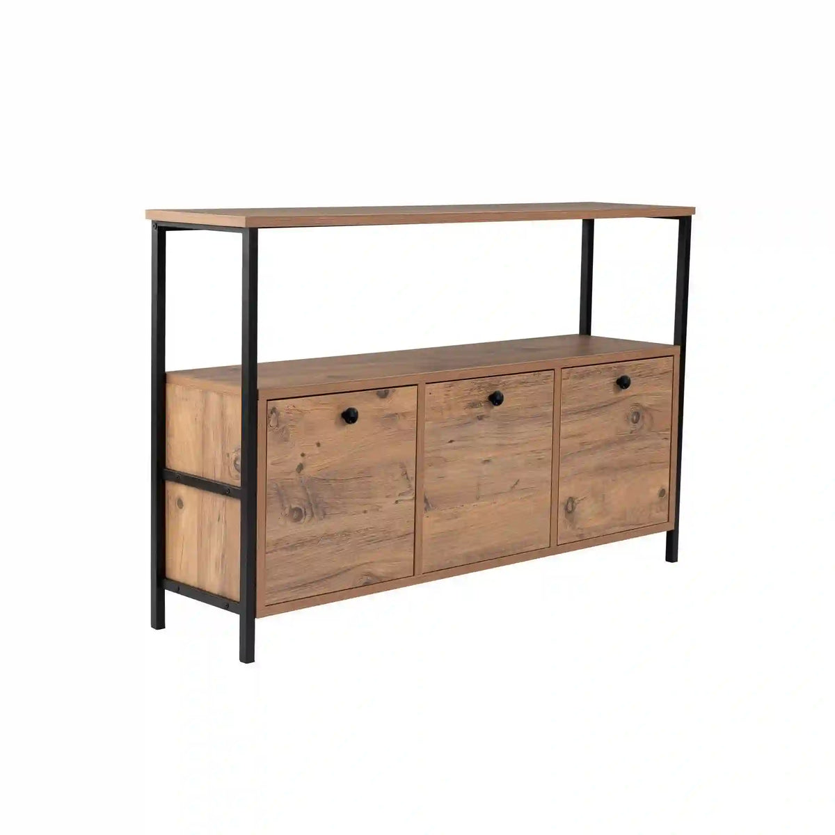 Comoda SOLACE, pin atlantic/negru, PAL/metal, 120x30x77 cm