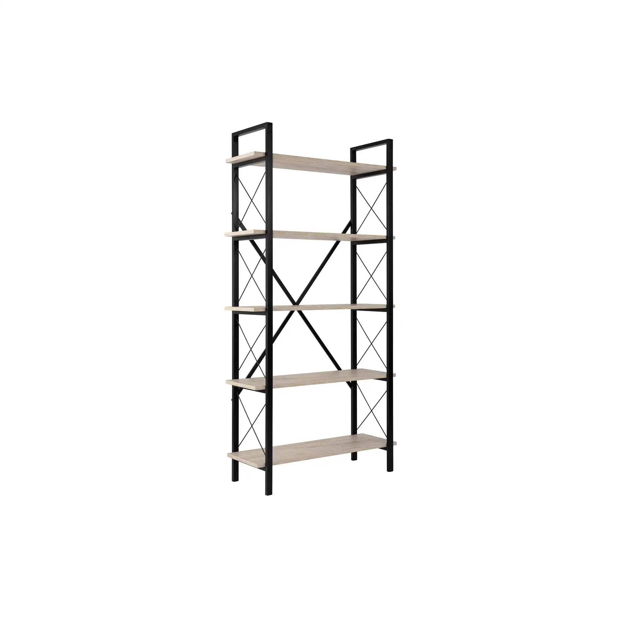 Etajera ELYSIAN, bej cu efect de piatra travertin/negru, PAL/metal, 90x34x180 cm