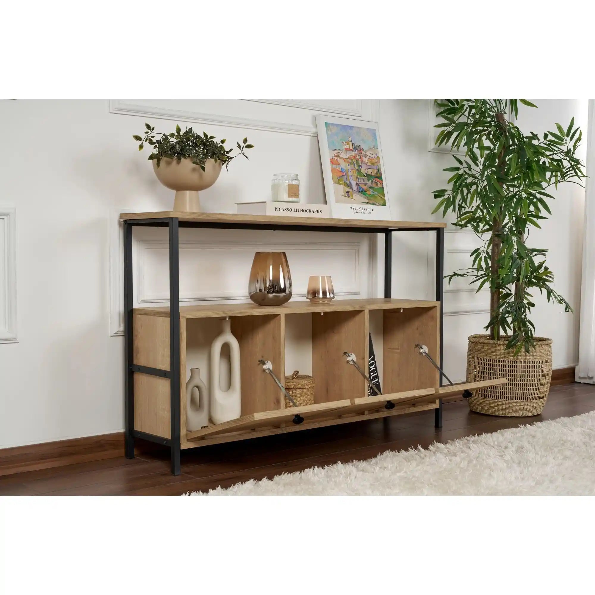 Comoda SOLACE, stejar/negru, PAL/metal, 120x30x77 cm