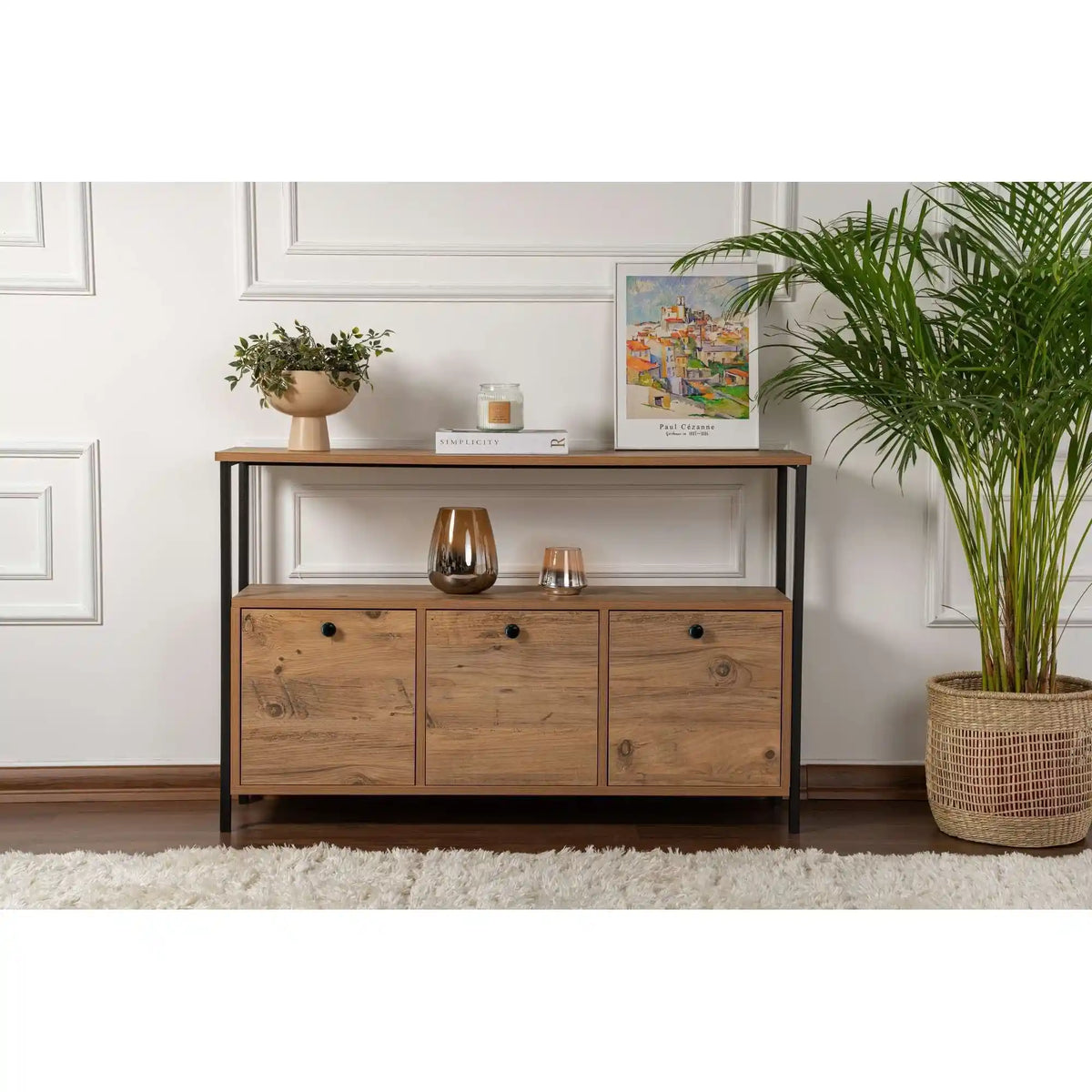 Comoda SOLACE, pin atlantic/negru, PAL/metal, 120x30x77 cm