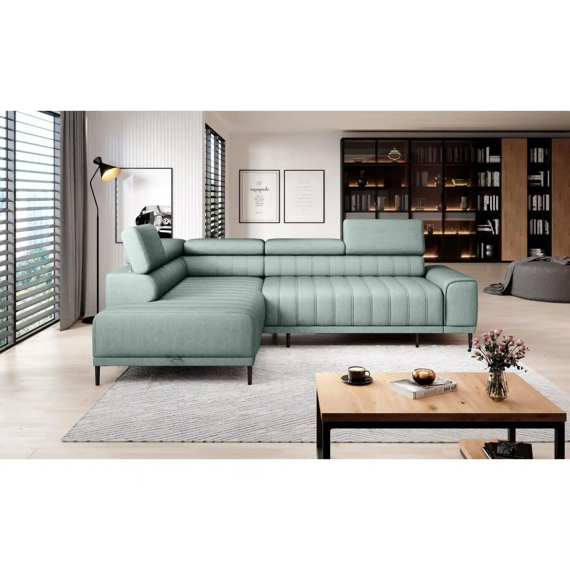 Coltar extensibil CALDO L, sezlong stanga, stofa catifelata verde inchis - Terra 75, cu lada depozitare si tetiere reglabile, 268x200x99 cm