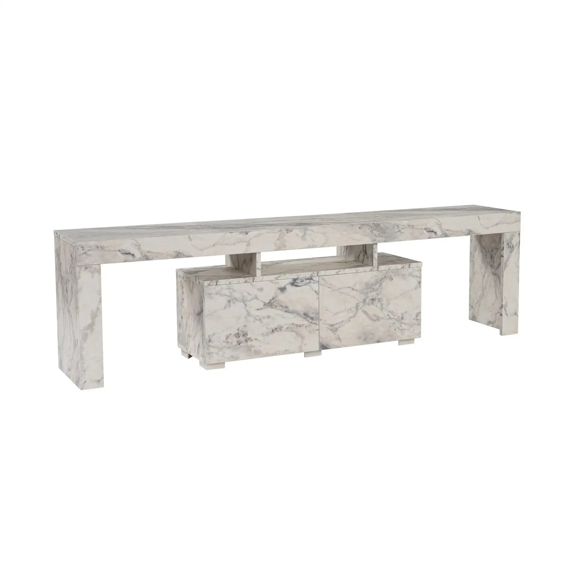 Comoda TV ENCLAVE, alb cu efect de marmura, PAL, 180x32x50 cm