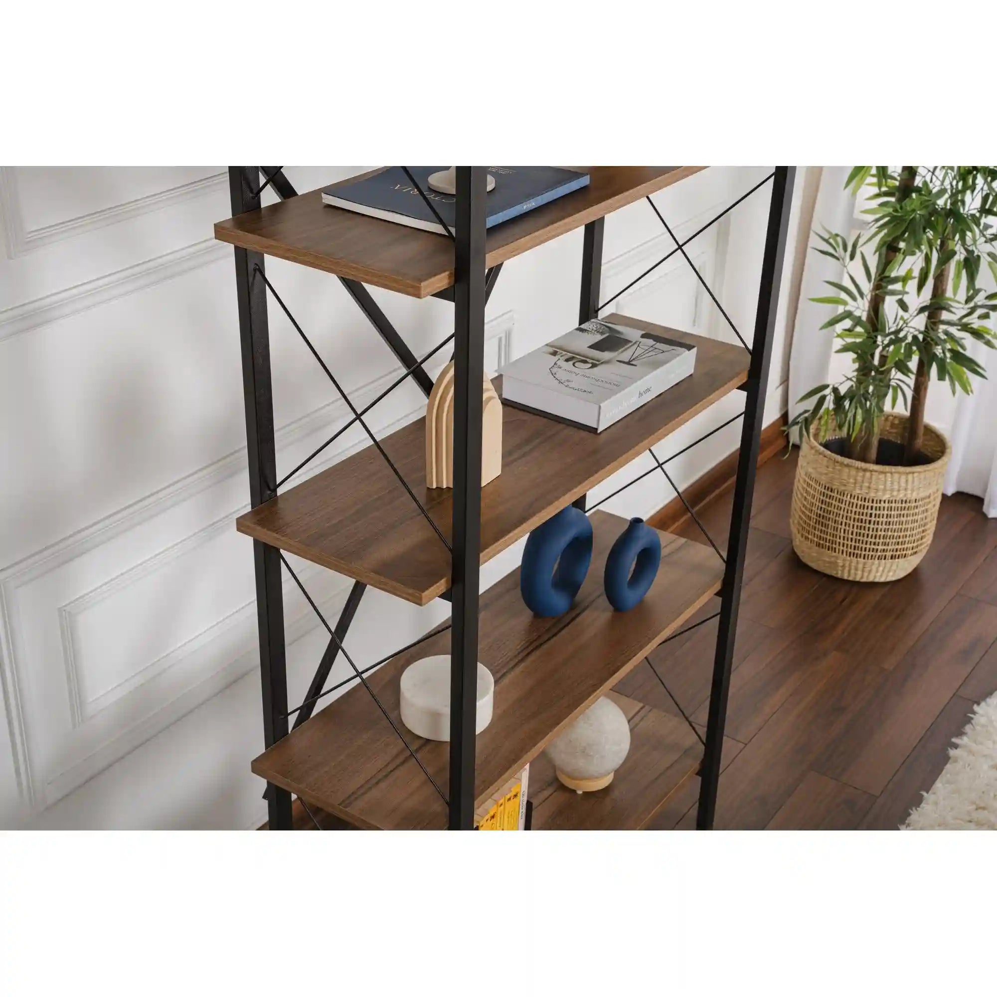 Etajera ELYSIAN, nuc/negru, PAL/metal, 90x34x180 cm