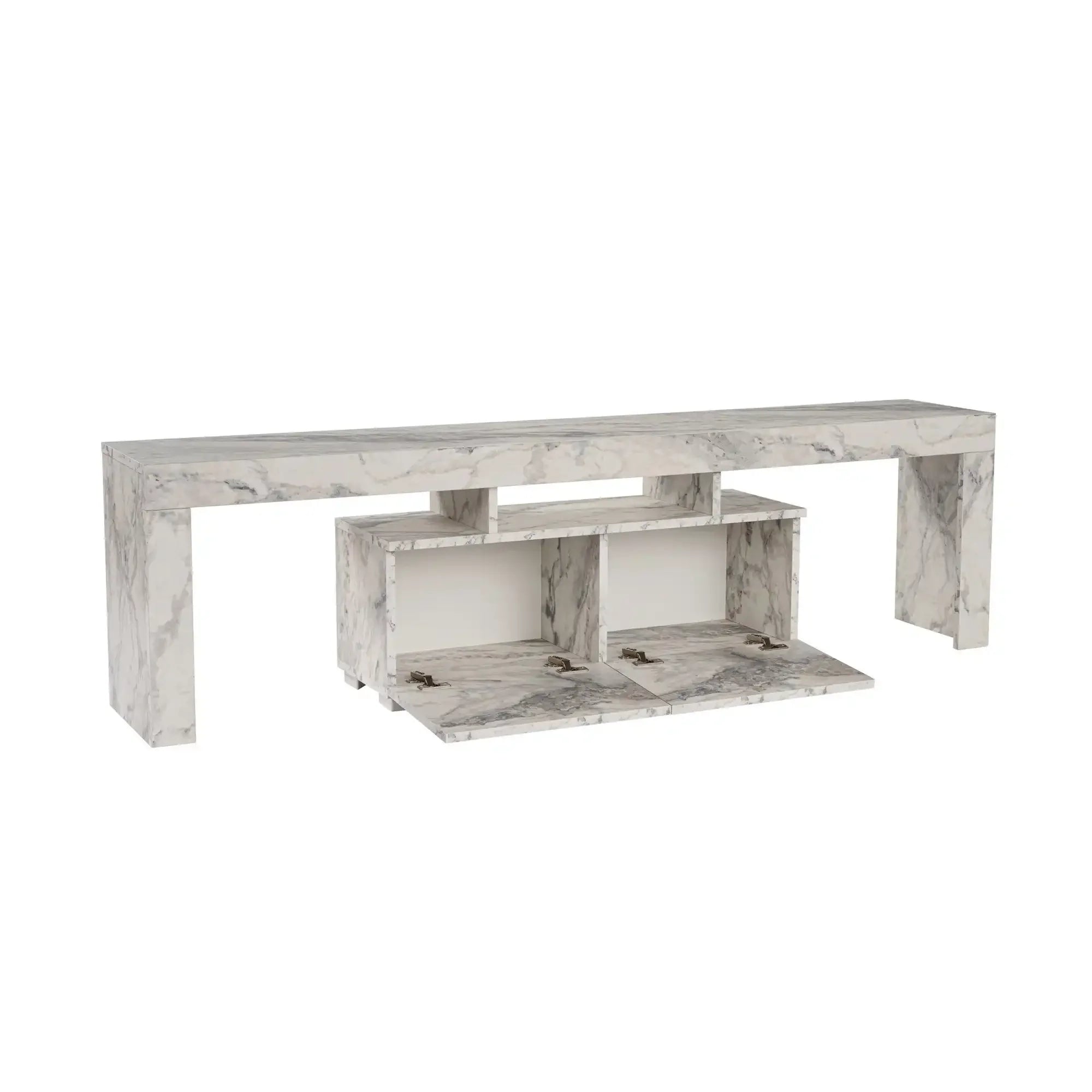 Comoda TV ENCLAVE, alb cu efect de marmura, PAL, 180x32x50 cm