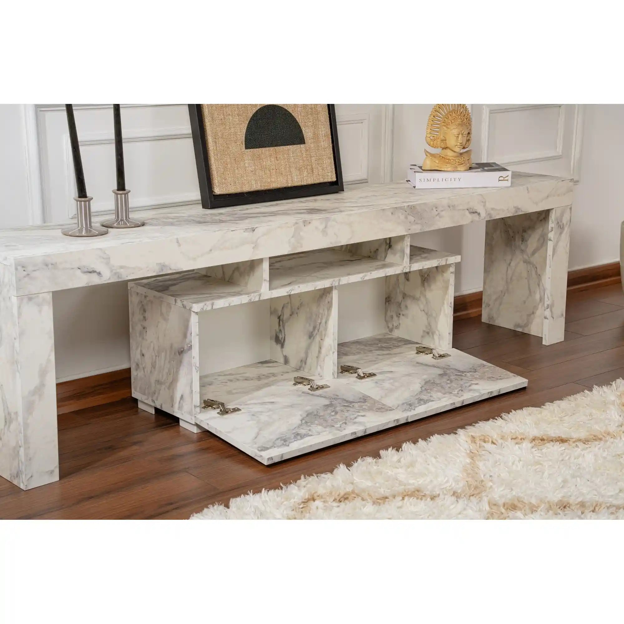 Comoda TV ENCLAVE, alb cu efect de marmura, PAL, 180x32x50 cm