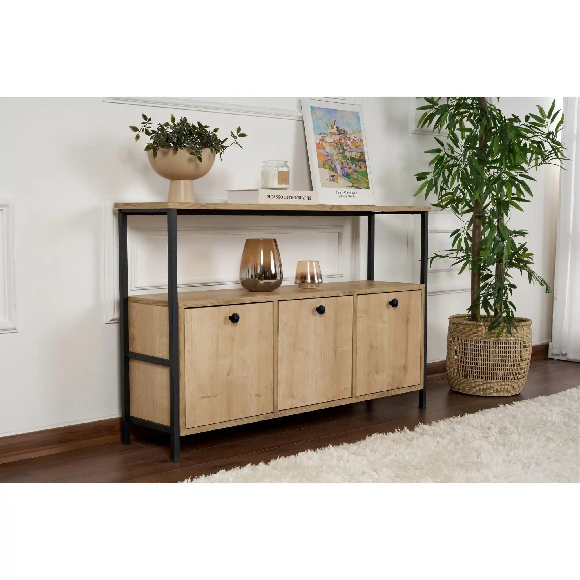 Comoda SOLACE, stejar/negru, PAL/metal, 120x30x77 cm