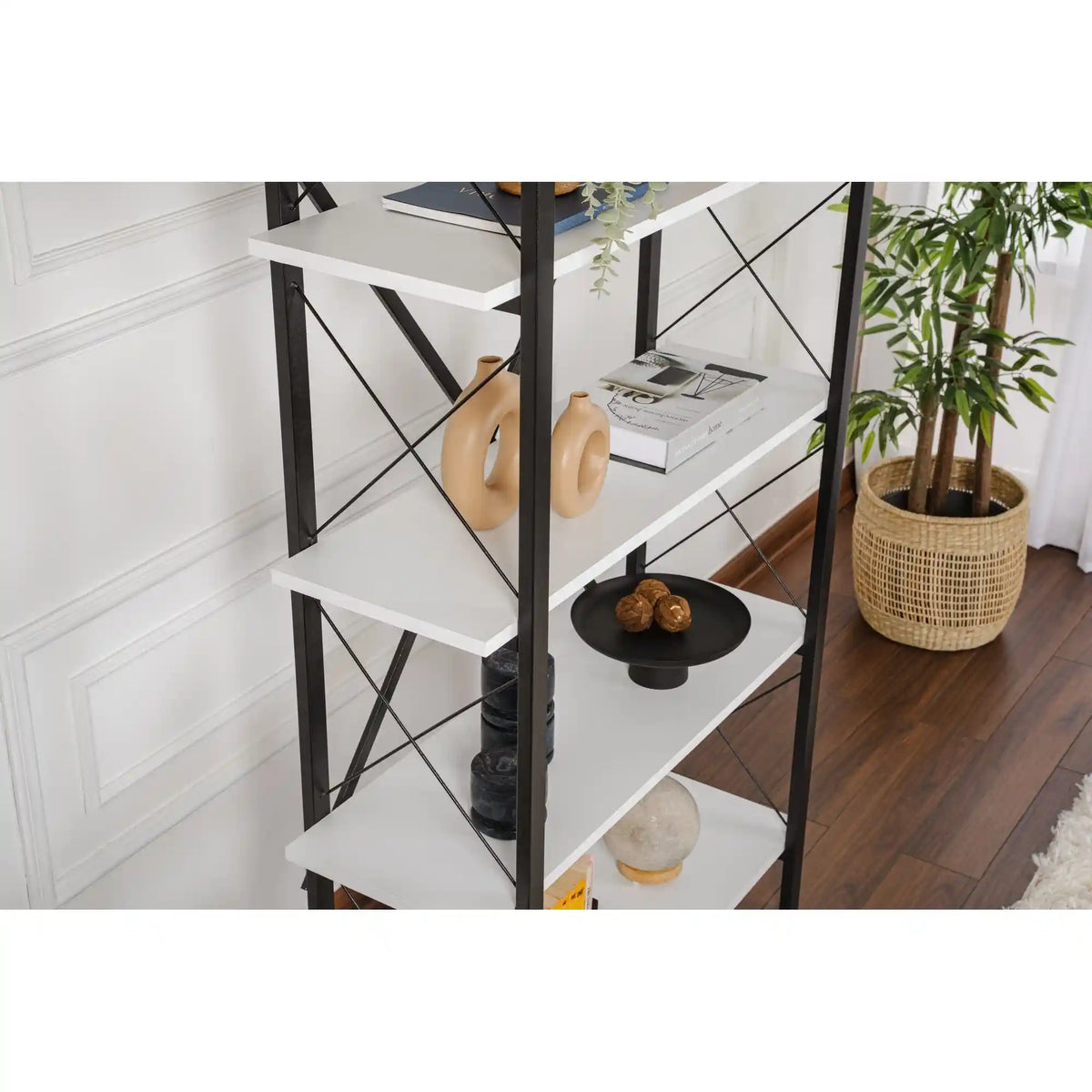 Etajera ELYSIAN, alb/negru, PAL/metal, 90x34x180 cm