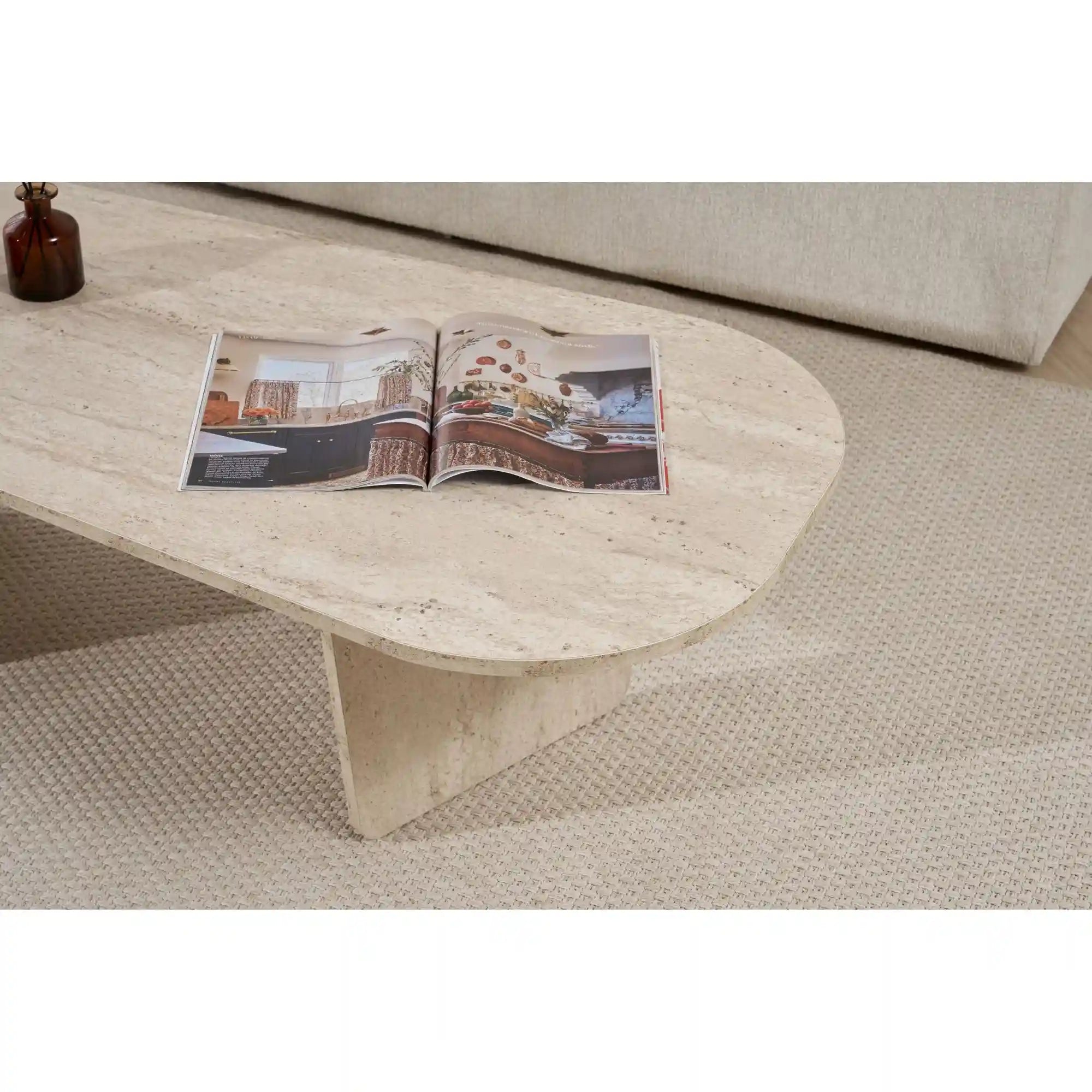 Masuta cafea OVALIS, travertin, PAL, 130x65x40 cm