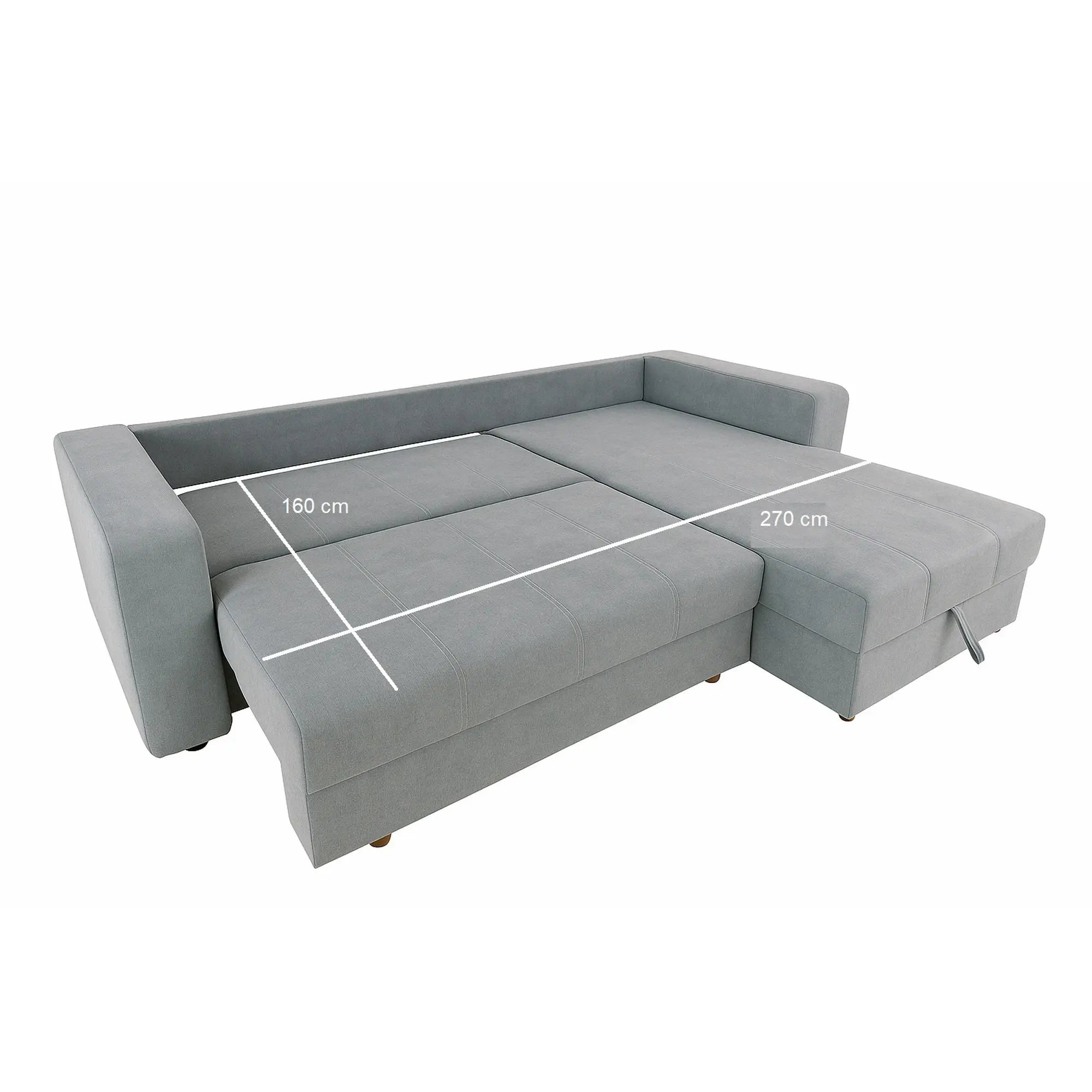 Coltar extensibil ROYAL MATLASAT, sezlong dreapta, stofa clasica gri deschis - Soro 90, cu lada depozitare, 300x190x85 cm