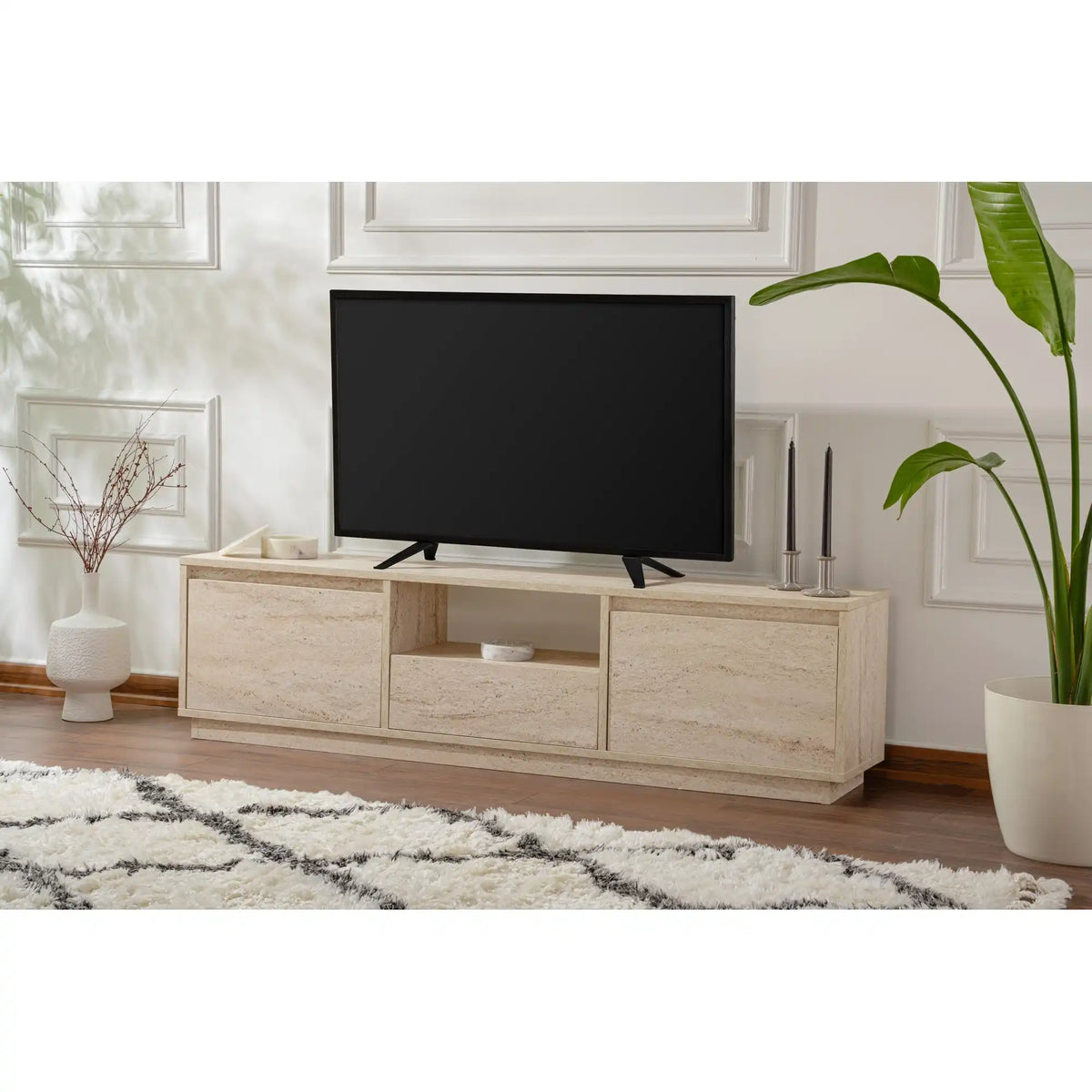 Comoda TV VANGUARD, bej cu efect de piatra travertin, PAL, 160x30x42 cm