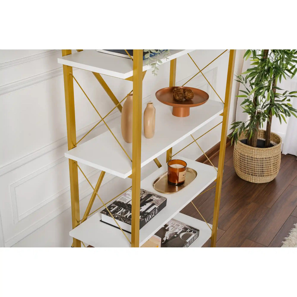 Etajera ELYSIAN, alb/auriu, PAL/metal, 90x34x180 cm