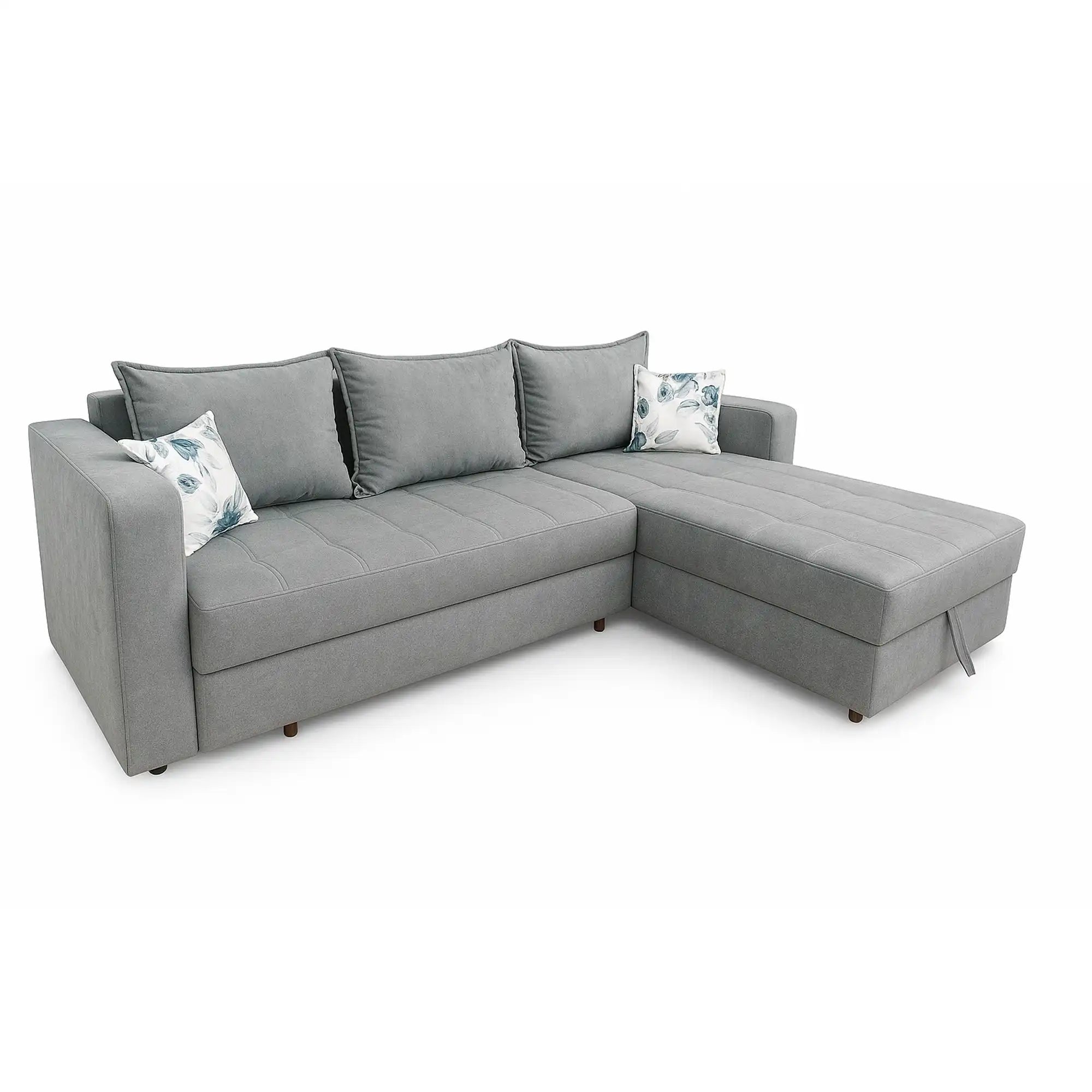 Coltar extensibil ROYAL MATLASAT, sezlong dreapta, stofa clasica gri deschis - Soro 90, cu lada depozitare, 300x190x85 cm