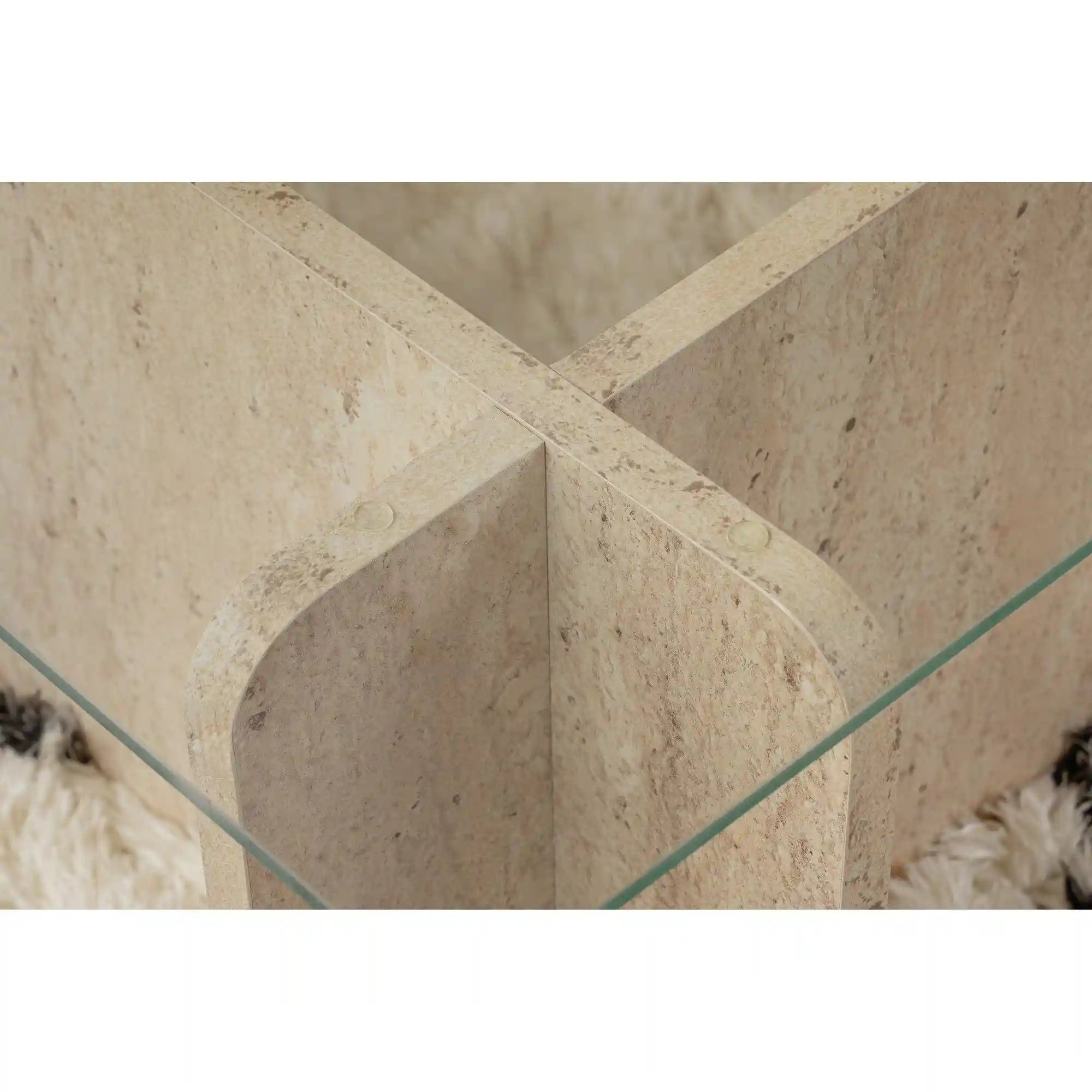 Masuta cafea FLAVIO, bej cu efect de piatra travertin/transparent, PAL/sticla, 105x65x30 cm
