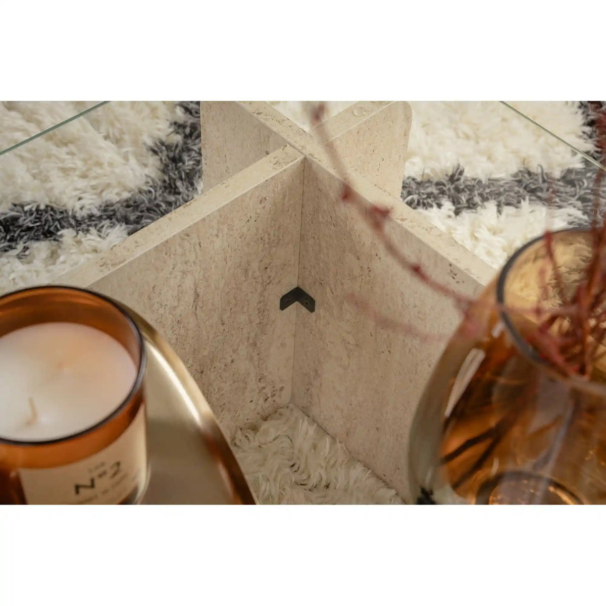 Masuta cafea FLAVIO, bej cu efect de piatra travertin/transparent, PAL/sticla, 105x65x30 cm