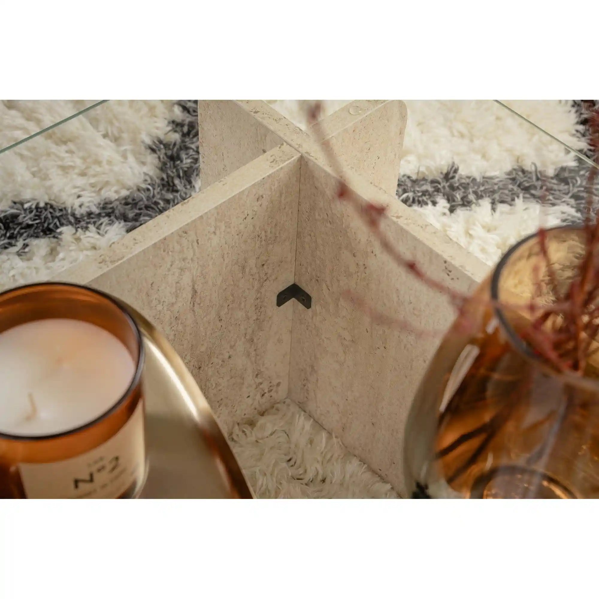 Masuta cafea FLAVIO, bej cu efect de piatra travertin/transparent, PAL/sticla, 105x65x30 cm