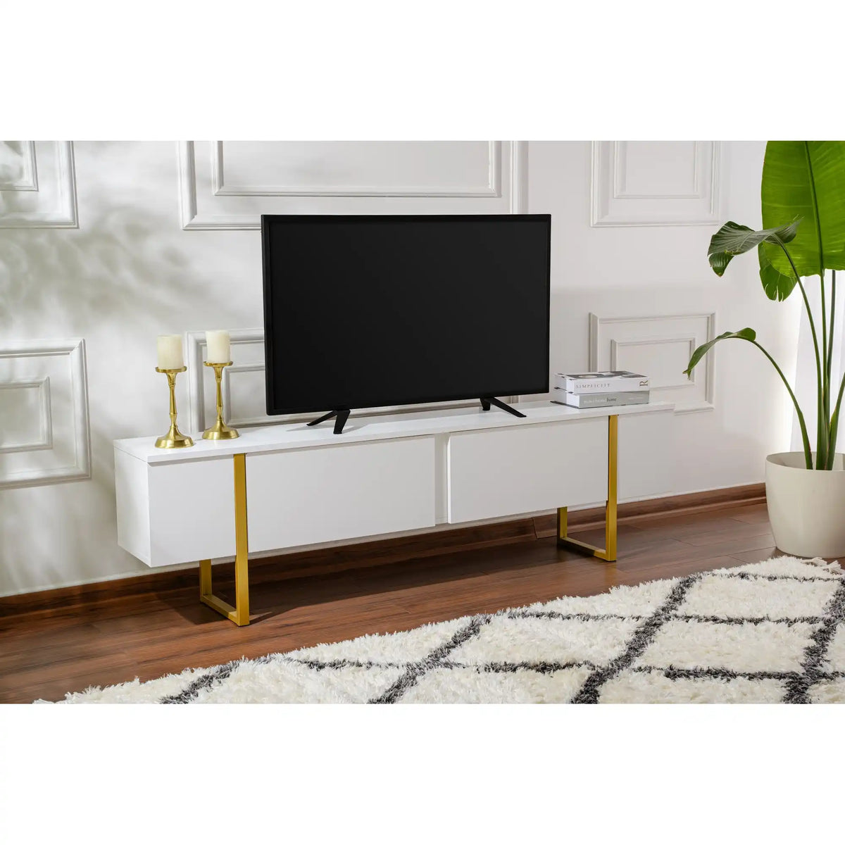 Comoda TV SERENITY, alb/auriu, PAL/metal, 180x30x50 cm