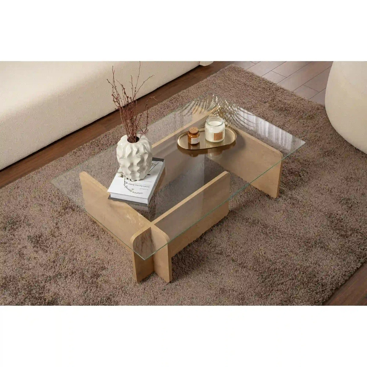 Masuta cafea FLAVIO, stejar miere/transparent, PAL/sticla, 105x65x30 cm