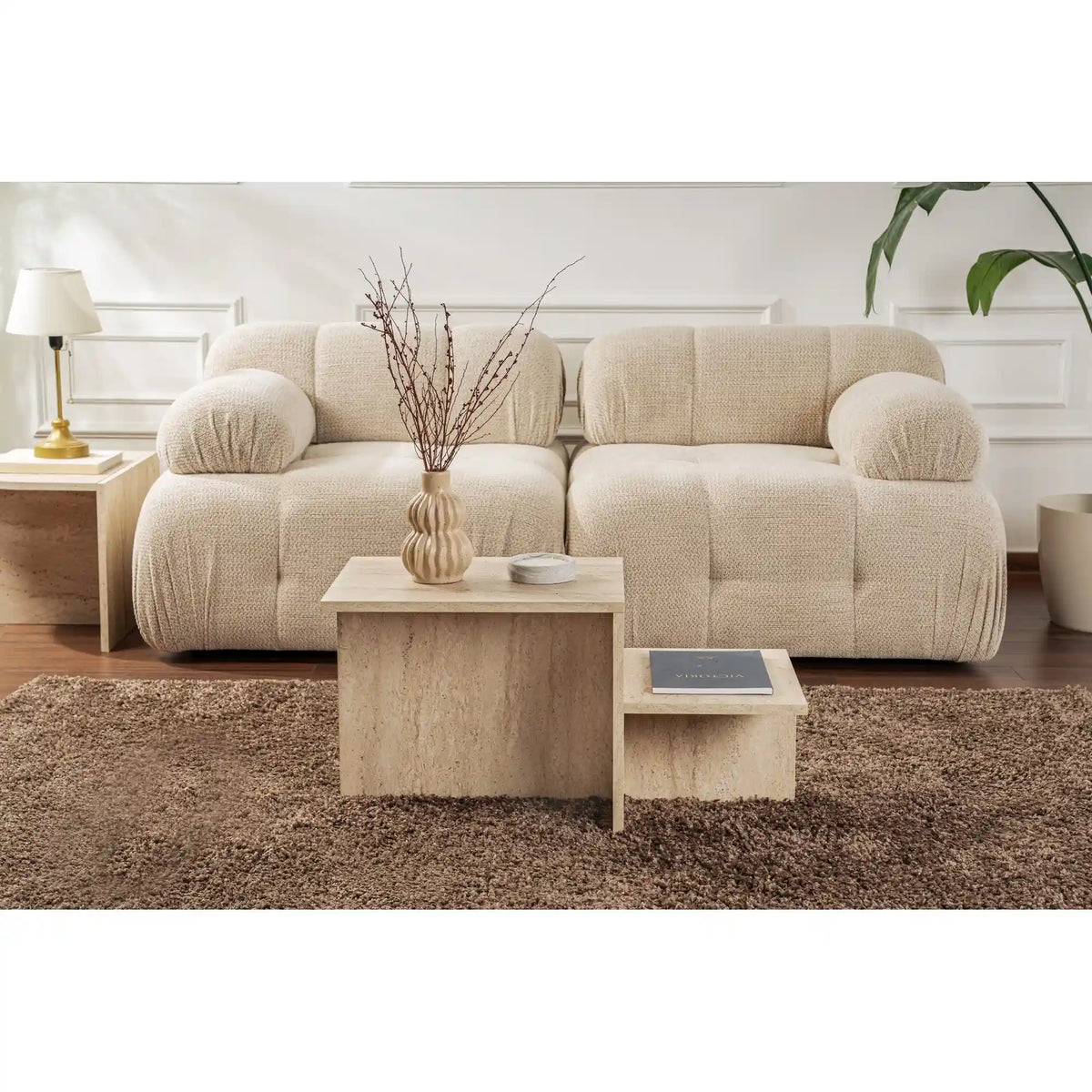 Masuta cafea HARMONY, bej cu efect de piatra travertin, PAL, 80x40x40 cm