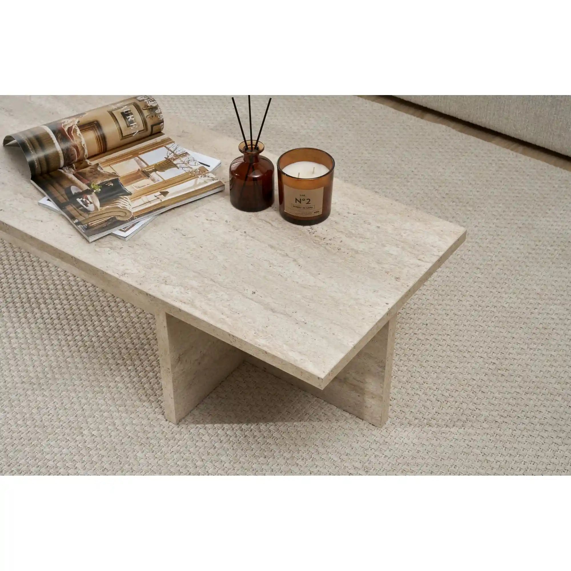 Masuta cafea HARBOR, bej cu efect de piatra travertin, PAL, 120x45x30 cm