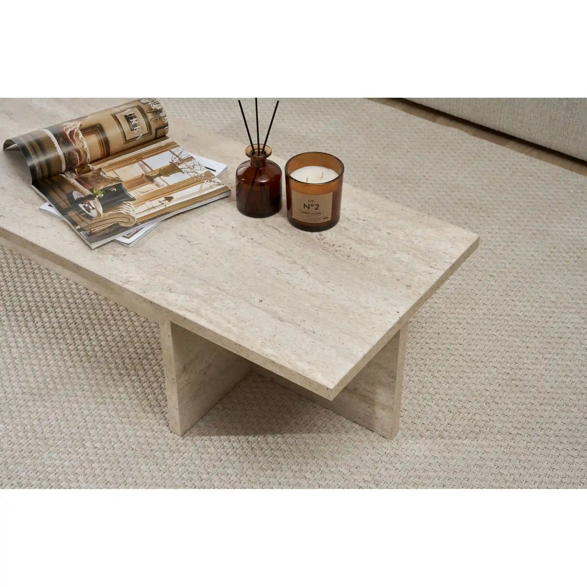 Masuta cafea HARBOR, bej cu efect de piatra travertin, PAL, 120x45x30 cm