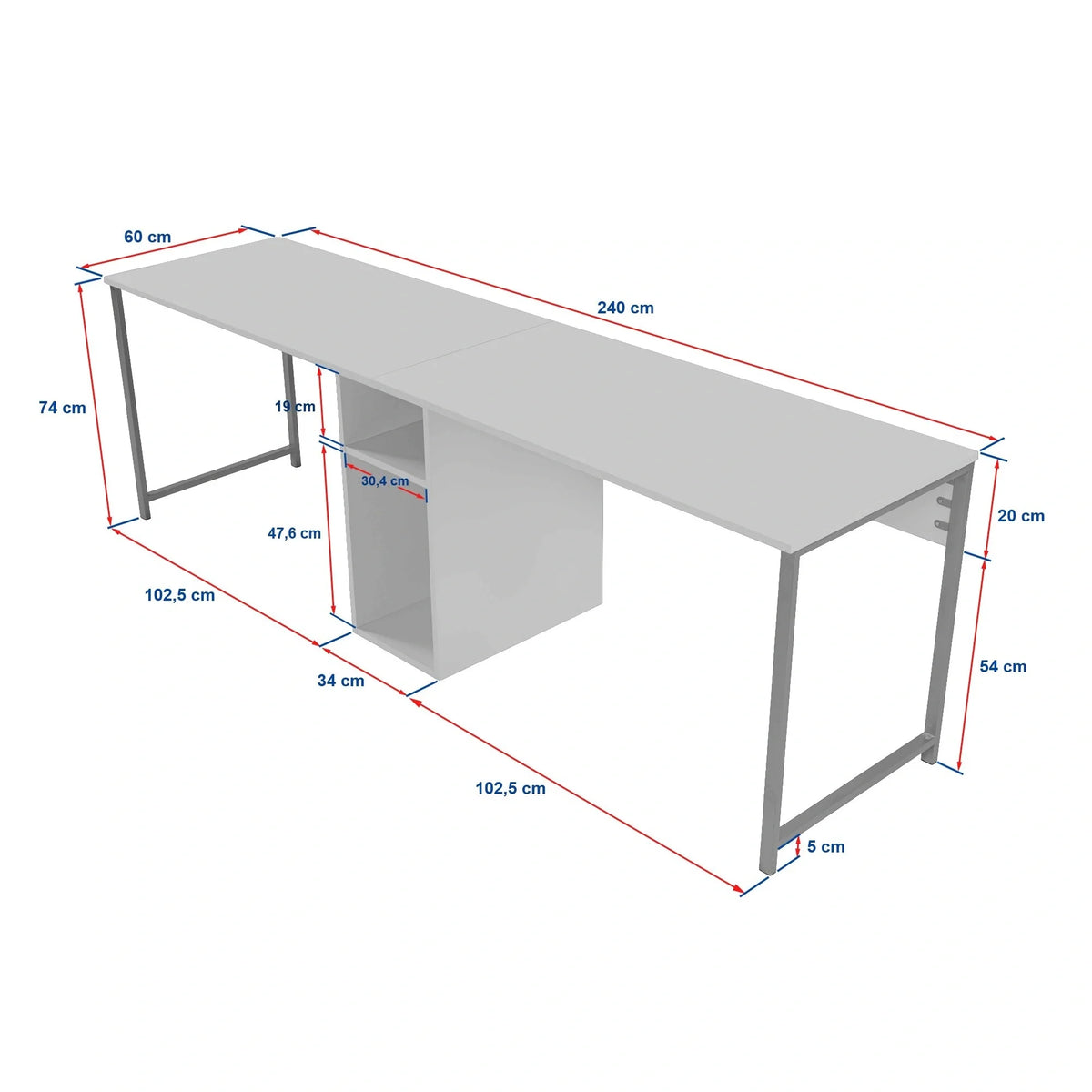 Birou TWIN, gri antracit/negru, PAL melaminat/metal, 240x60x74 cm
